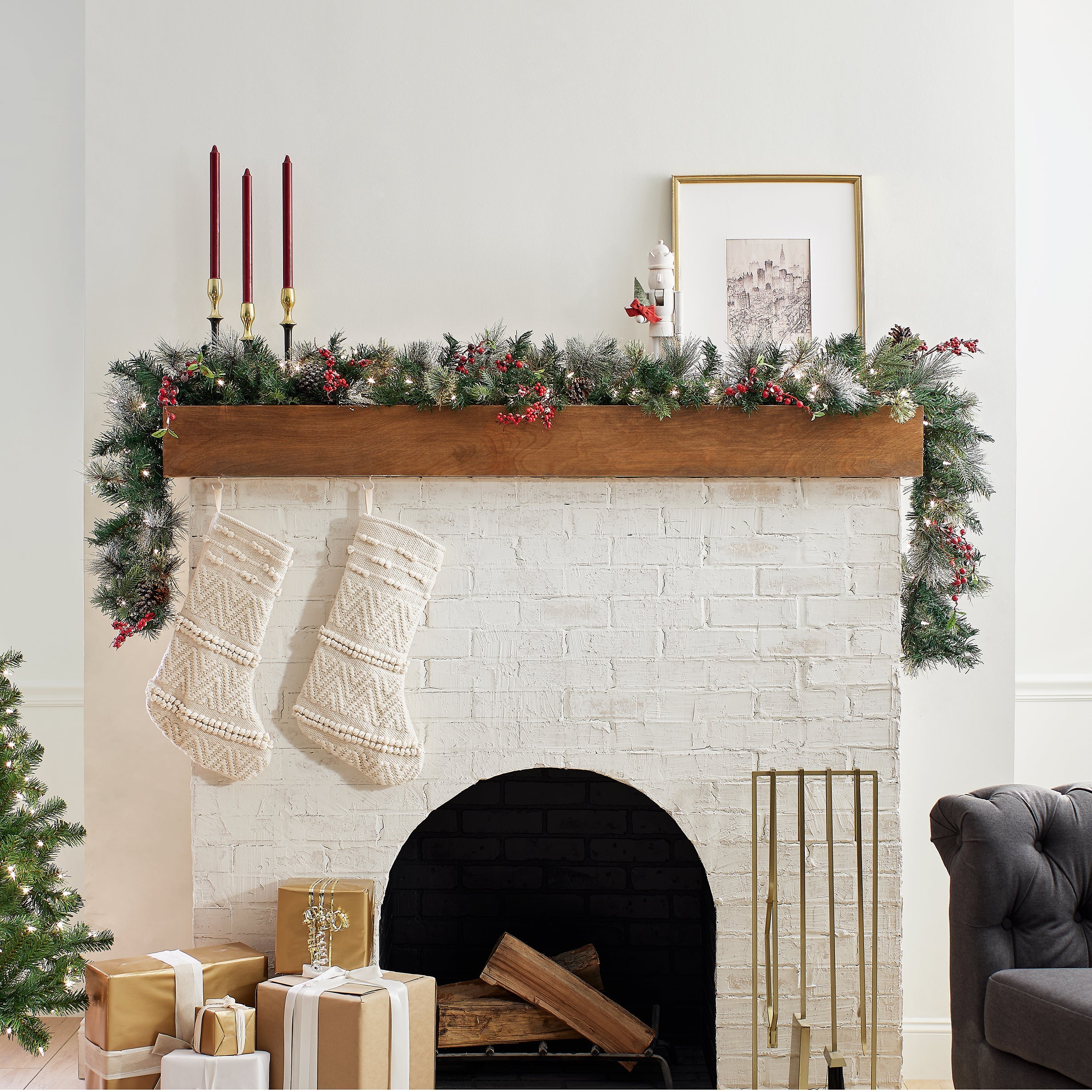 9 ft. Pre-Lit Wintry Berry Garland with Clear Lights, Plug-In