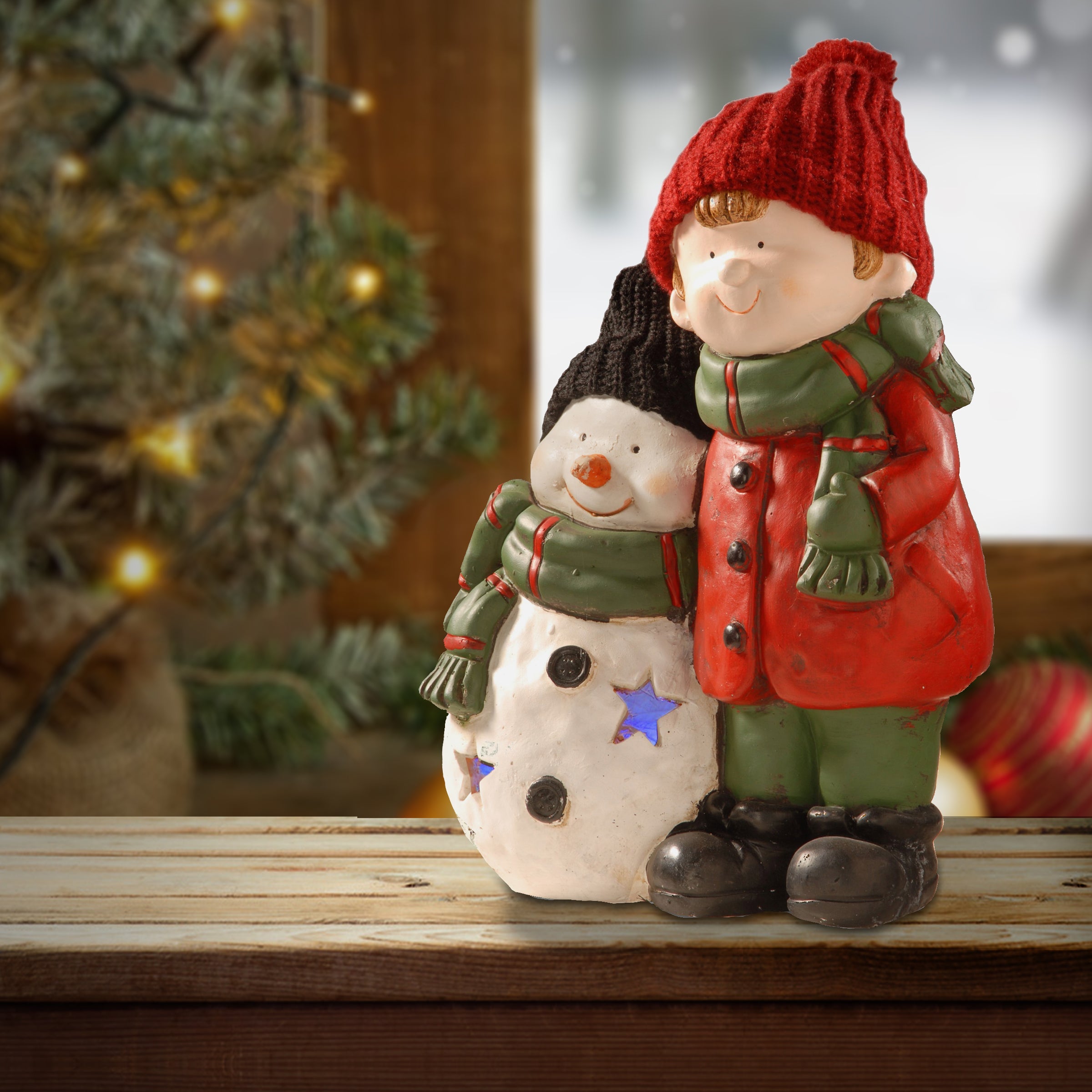 15 in. Lighted Boy & Snowman Decor