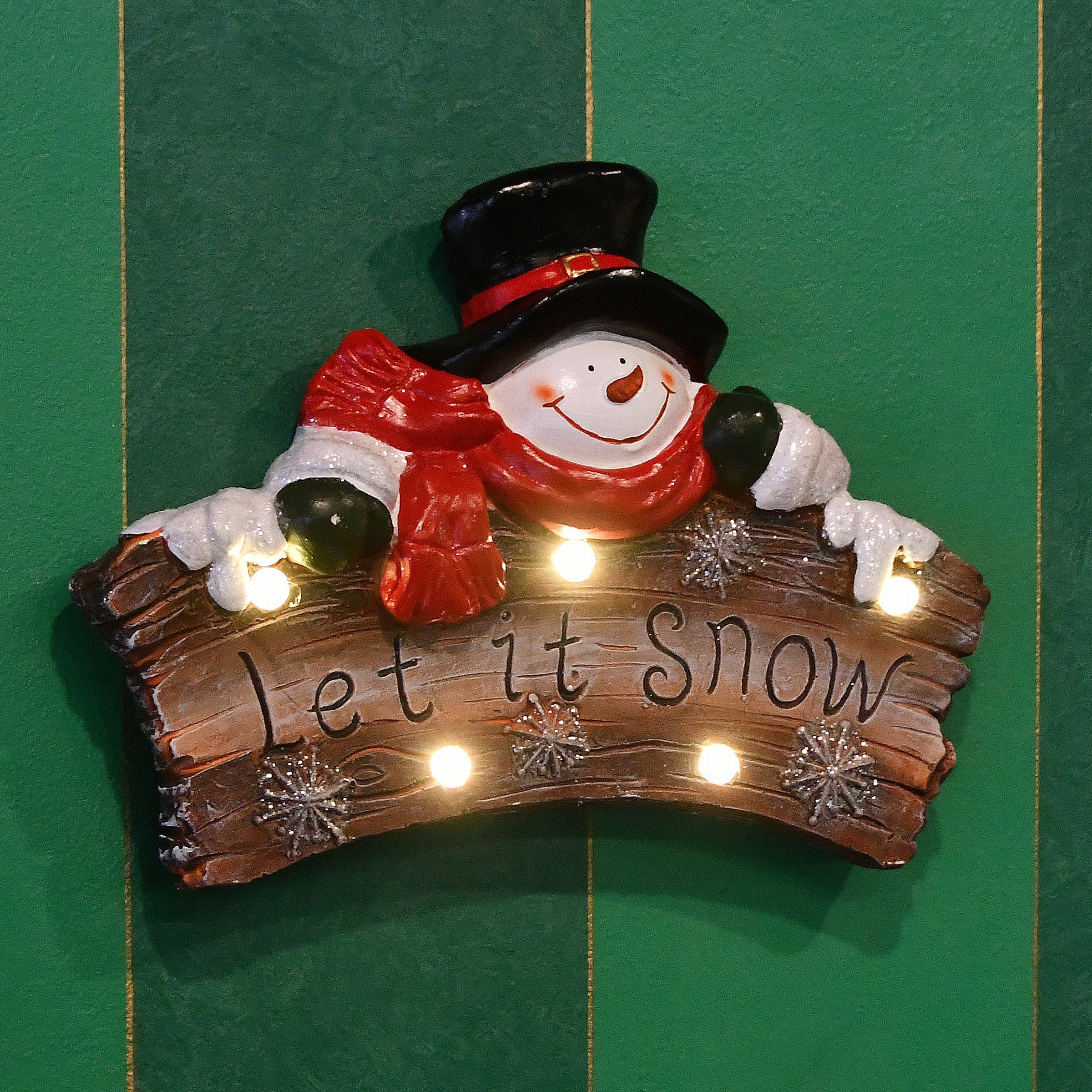13 in. Snowman Holding Sign with Lights and Music