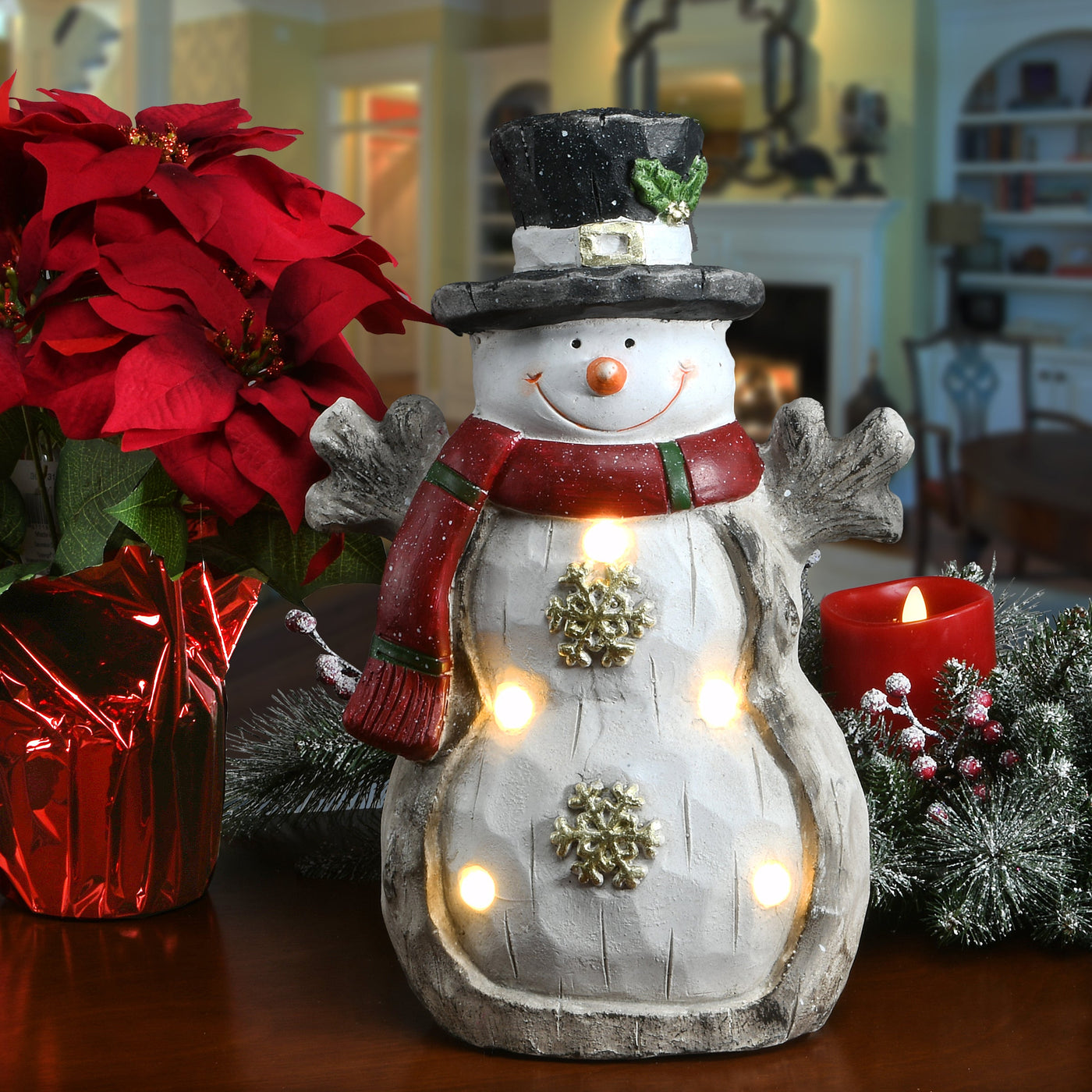 17 in. Snowman with Red Scarf, Black Hat & LED Lights