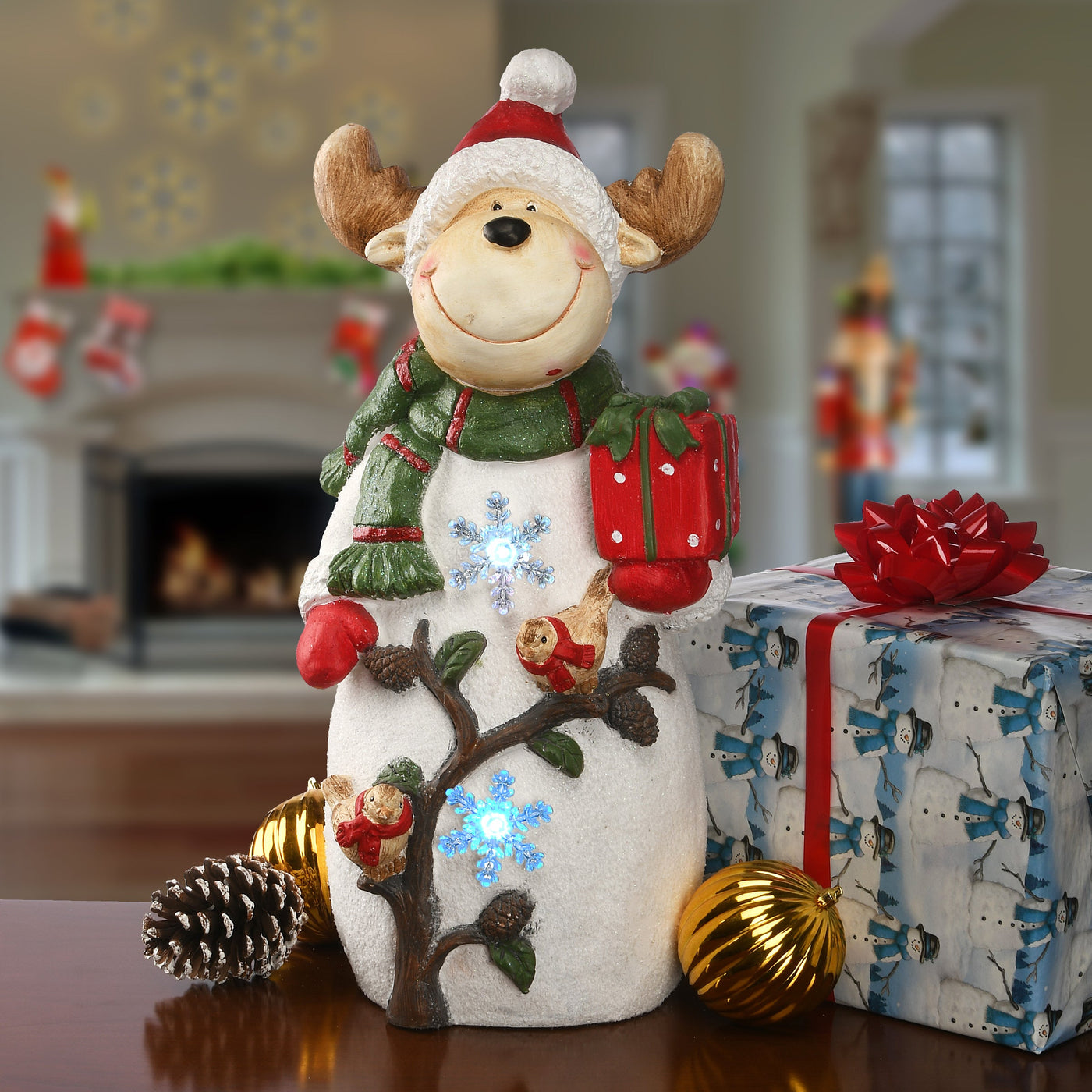 22 in. Reindeer Holding Gift with Multicolor Lights