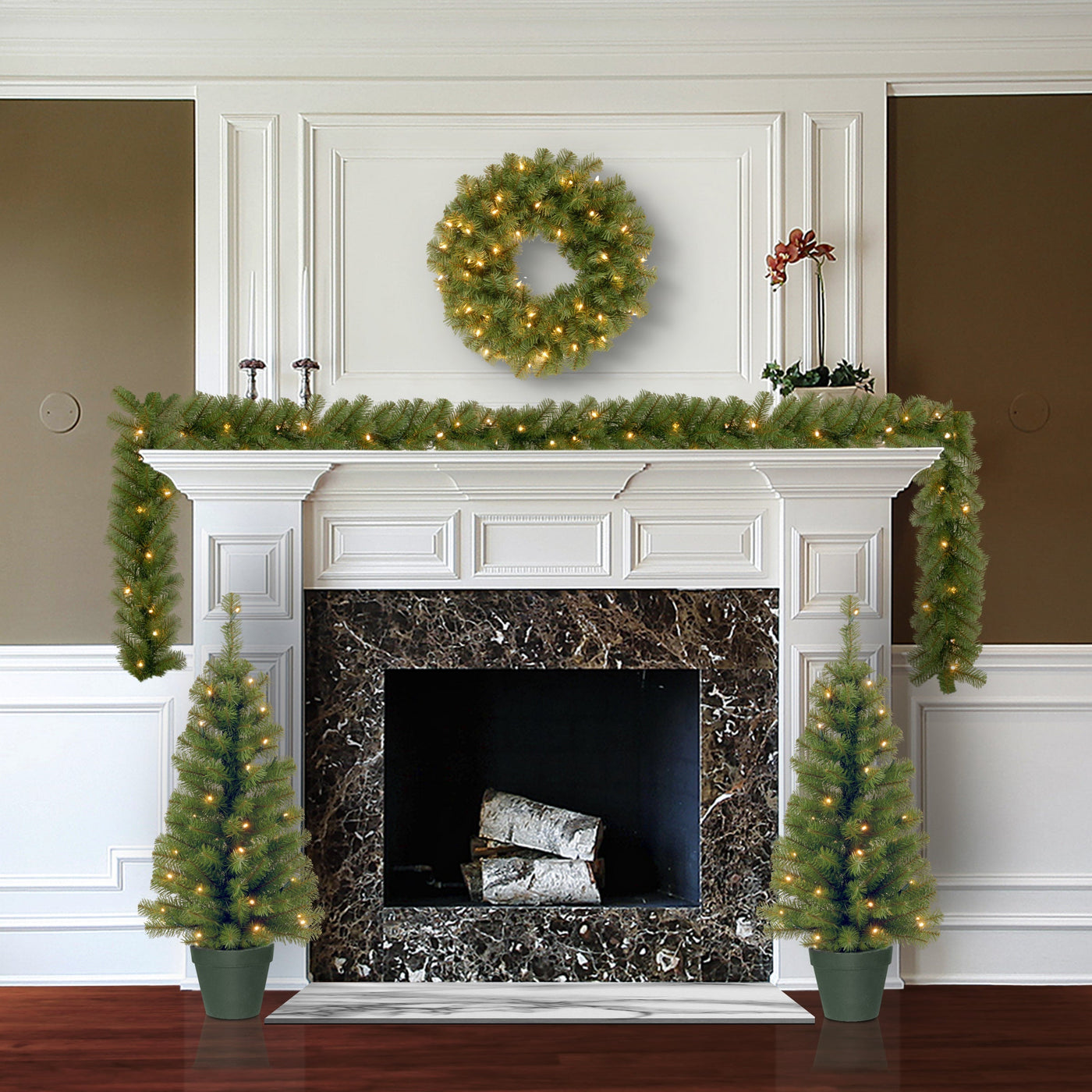 Evergreen Assortment with 2 Entrance Trees, 1 Wreath, 1 Garland