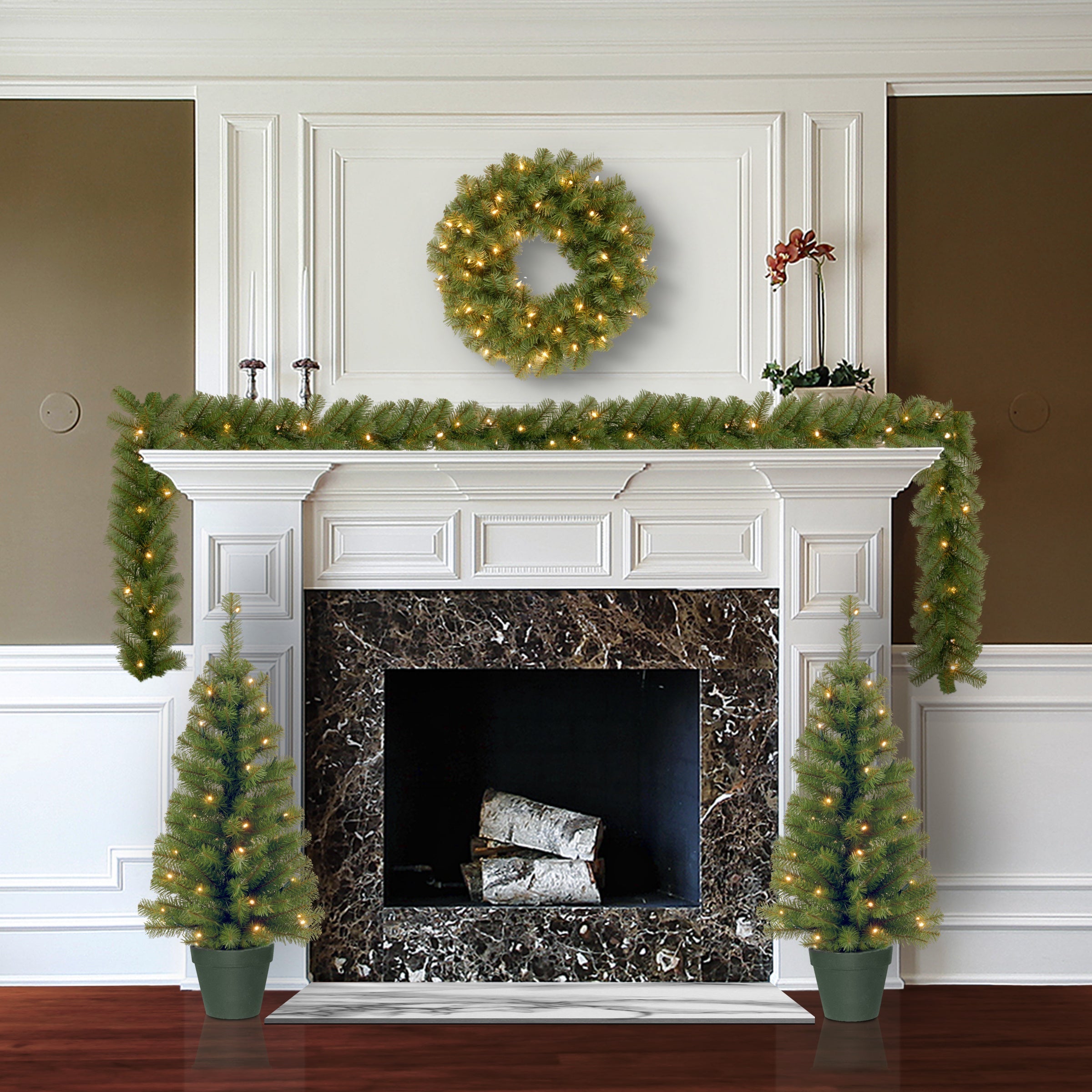 Evergreen Assortment with 2 Entrance Trees, 1 Wreath, 1 Garland