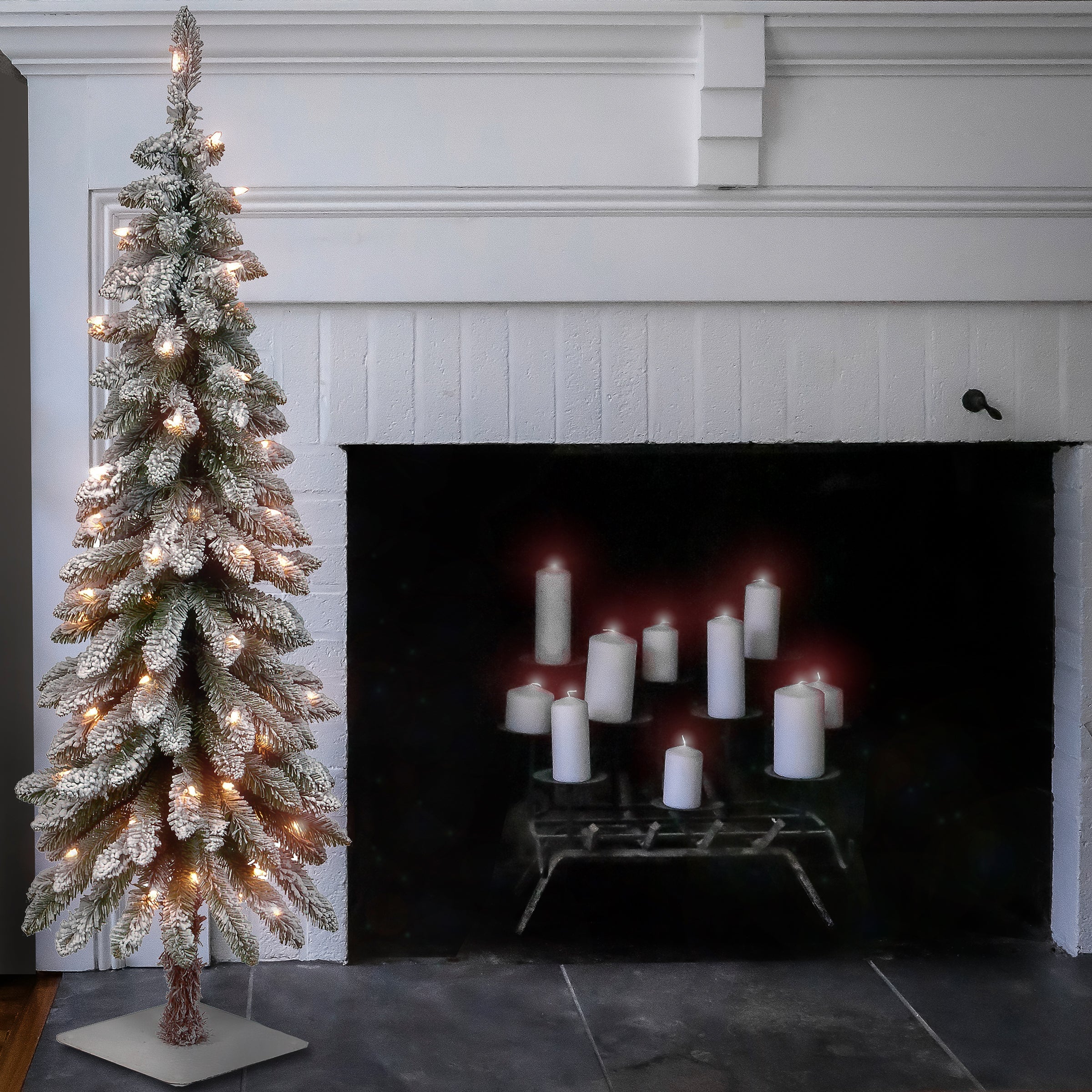 4 ft. Pre-Lit Snowy Downswept Forestree Tree with Clear Lights