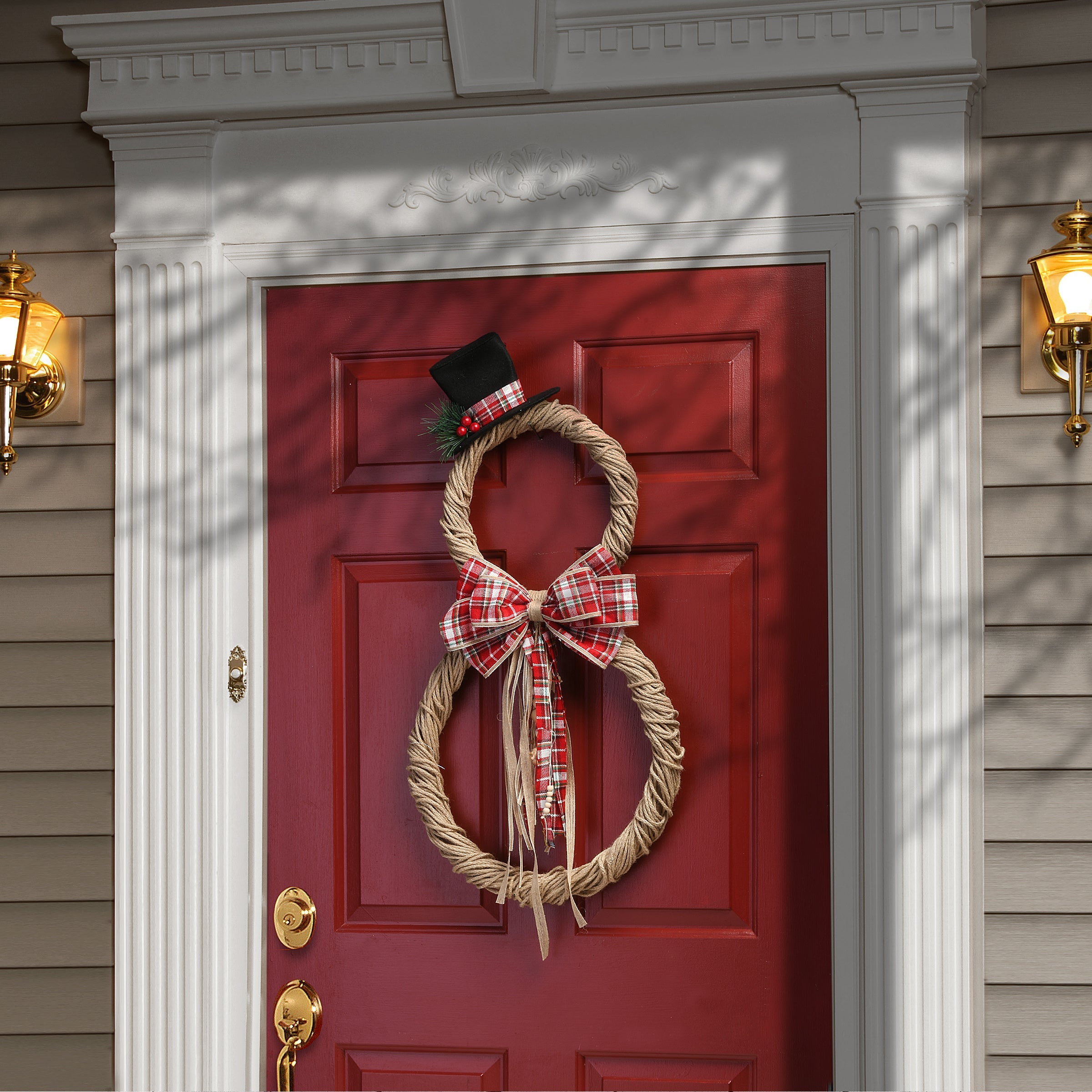 16 in. Jute Snowman Holiday Christmas Wall Decor, Rustic, with Red Plaid Ribbons and Beaded Cords