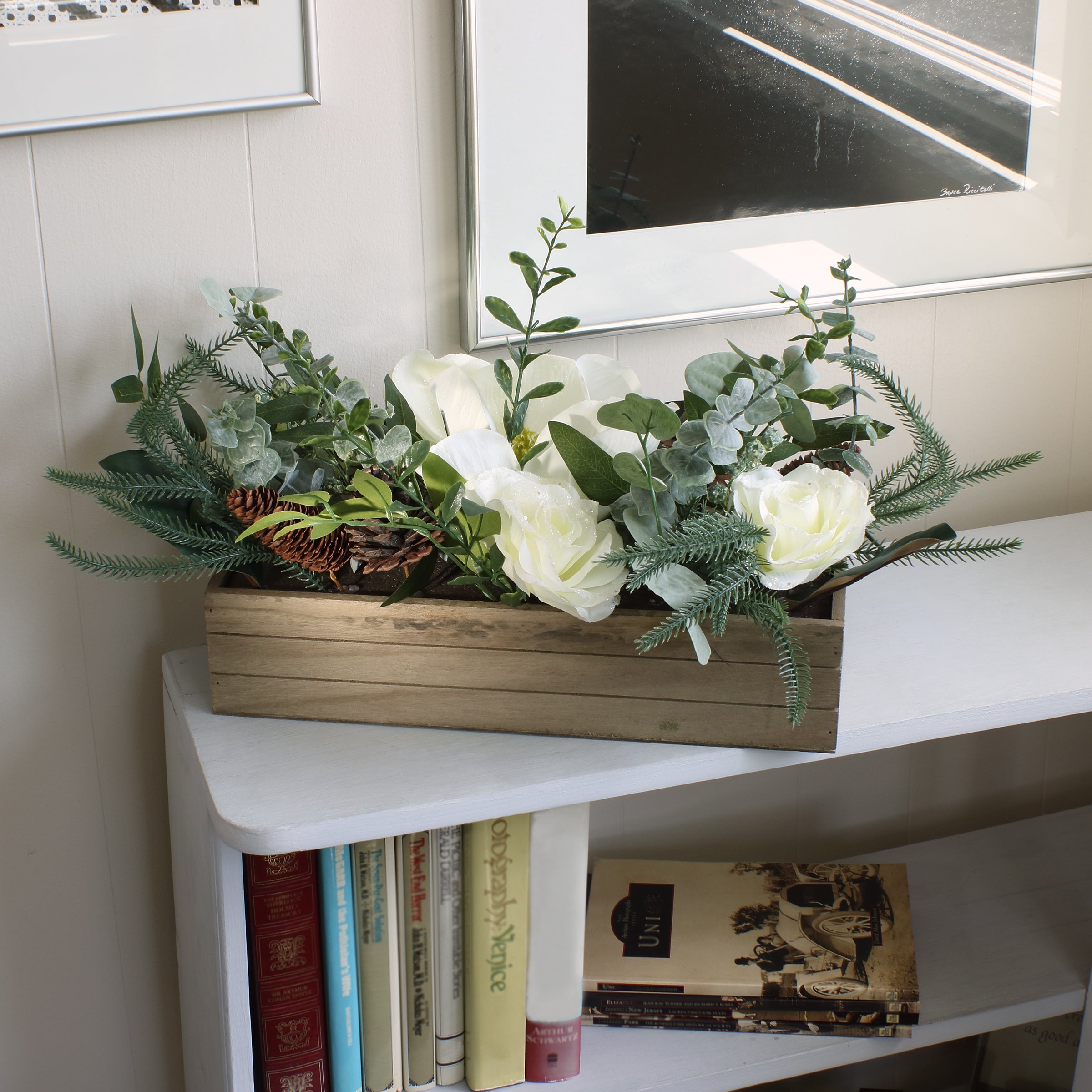 23 in. Mixed Greens and White Flowers Christmas Arrangement