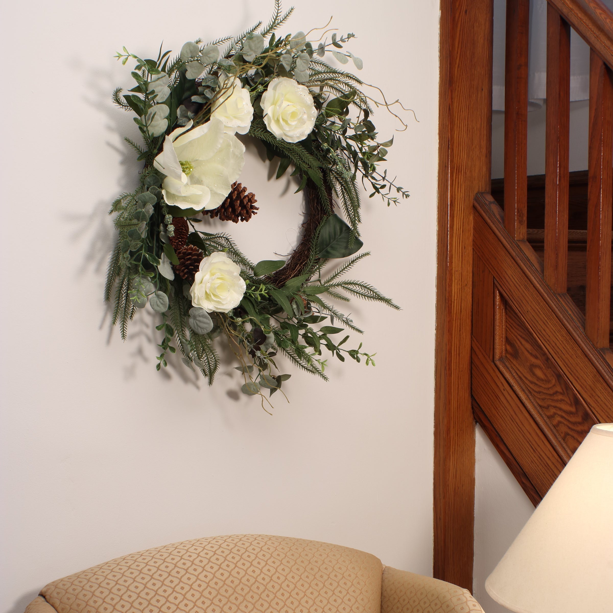 26 in. Mixed Greens and White Flowers Decorated Wreath