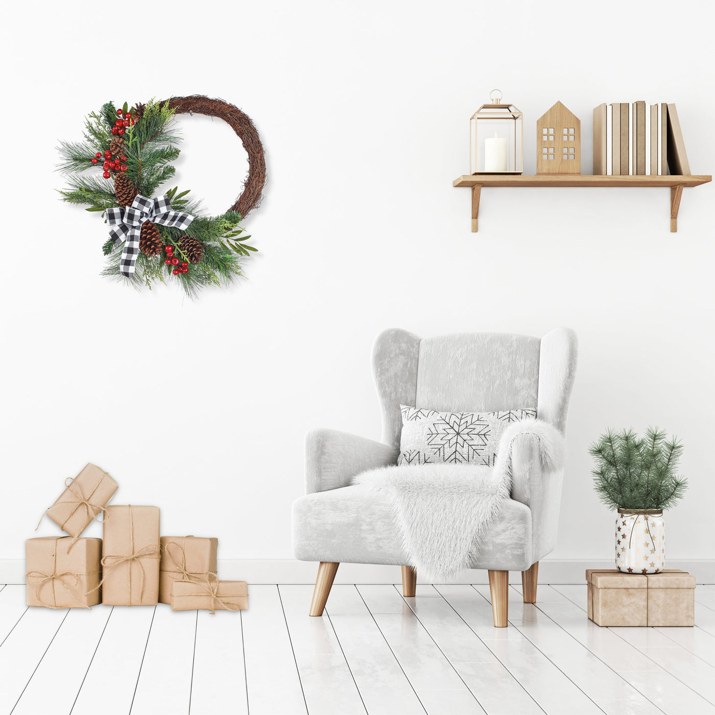 24 in. Mixed Pine and Berries Decorated Wreath