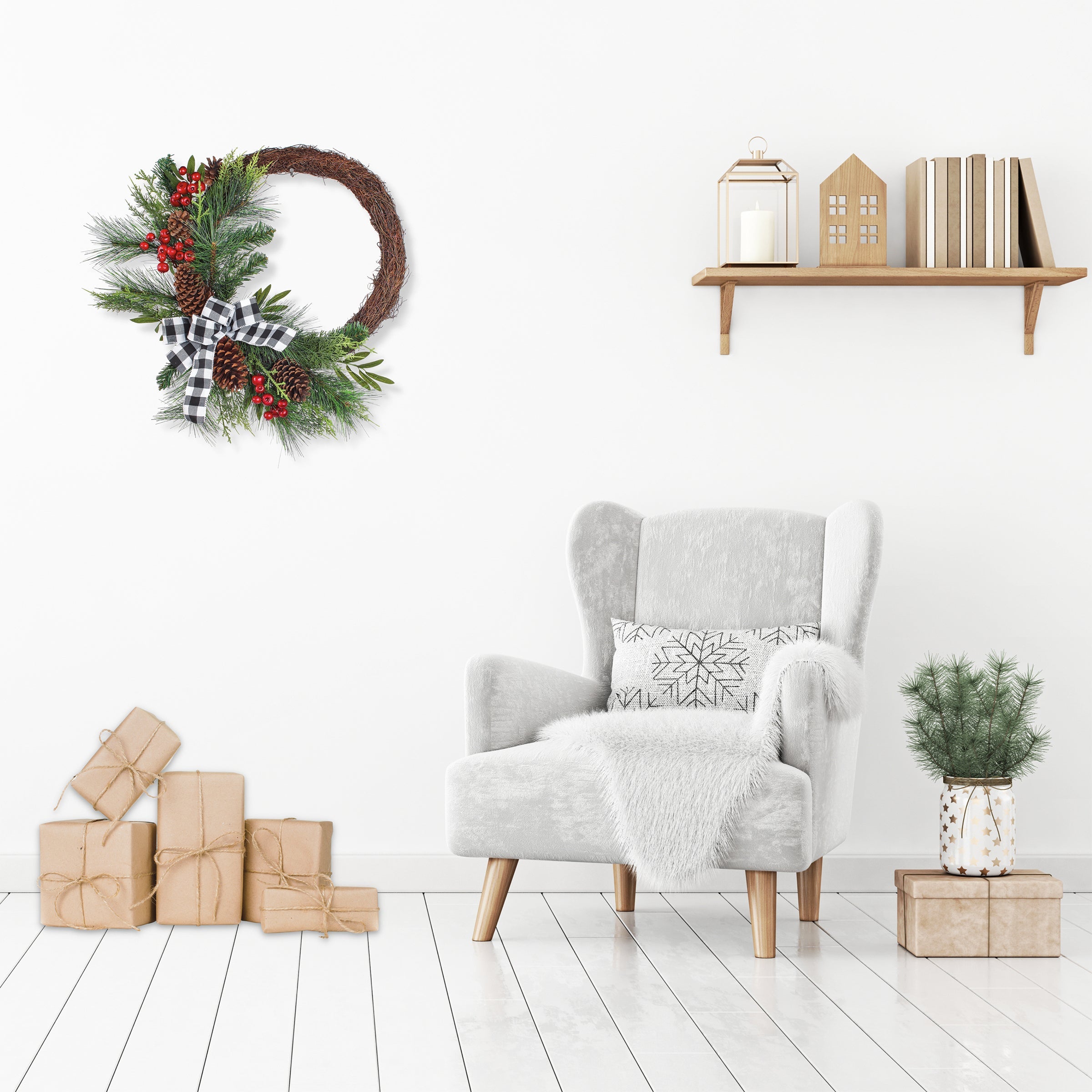 24 in. Mixed Pine and Berries Decorated Wreath