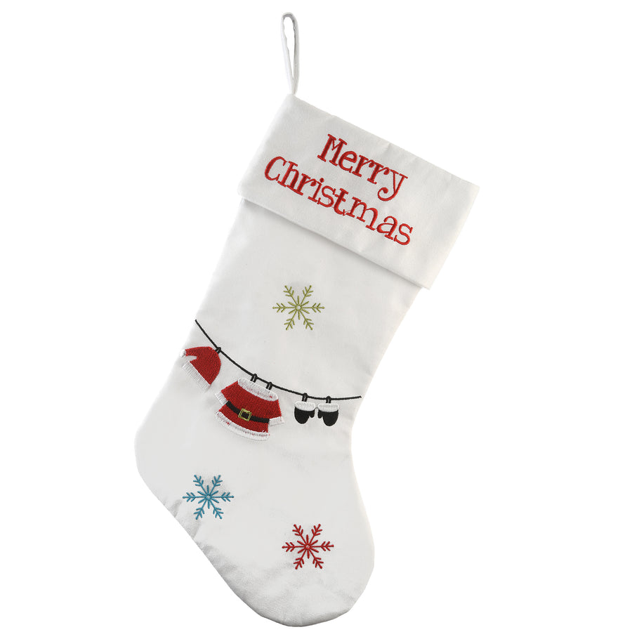 18" White Merry Christmas Stocking with Snowflakes