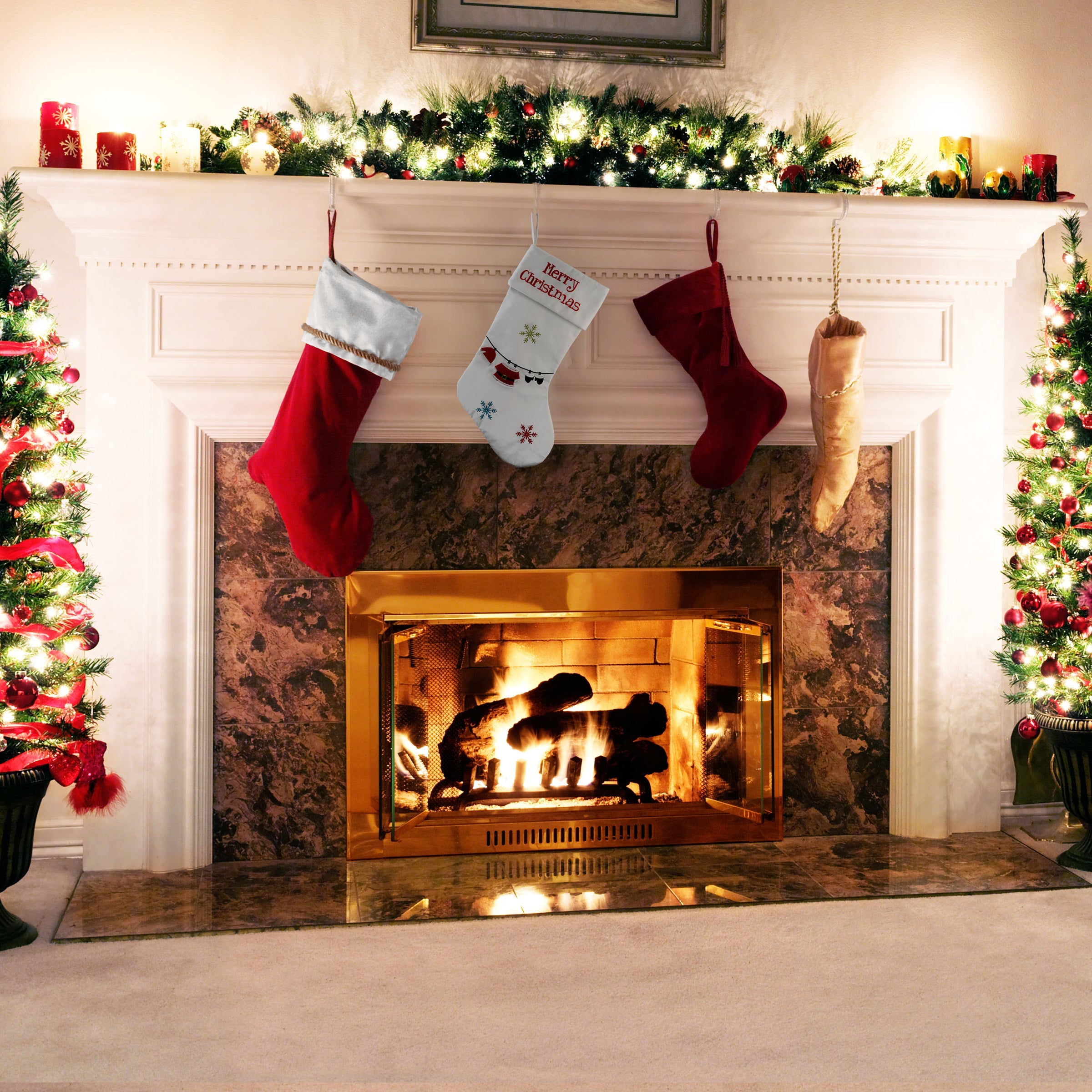 18 in. White Merry Christmas Stocking with Snowflakes