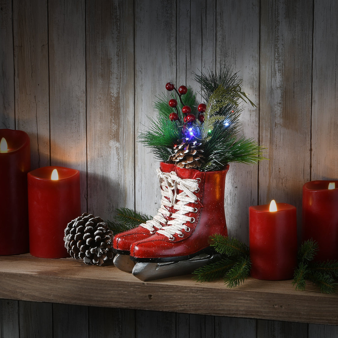 12 in. Pre-Lit Red Ice Skates with Evergreen Arrangement