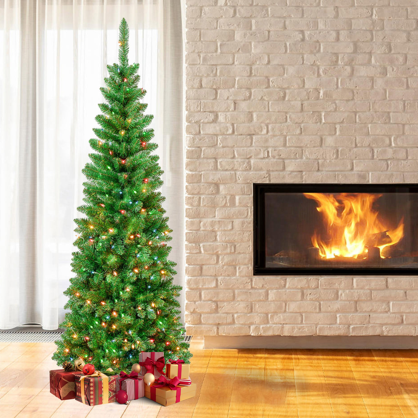 7.5 ft. Pre-Lit Rowan Pencil Slim Tree with Multicolor Lights