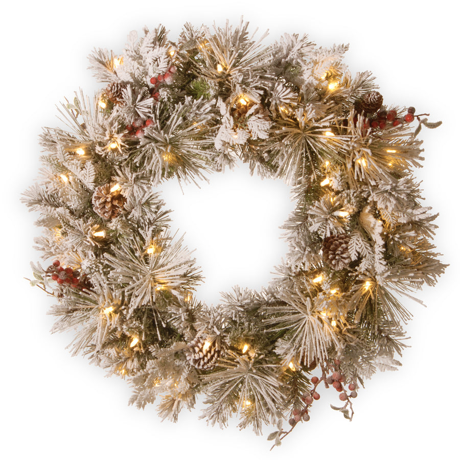 30 in. Pre-Lit Snowy Bedford Pine Wreath with LED Lights