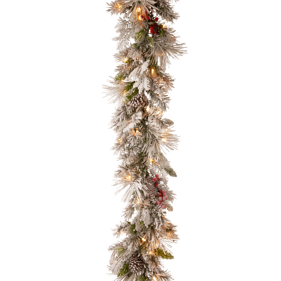 9 ft. Pre-Lit Snowy Bedford Pine Garland with LED Lights