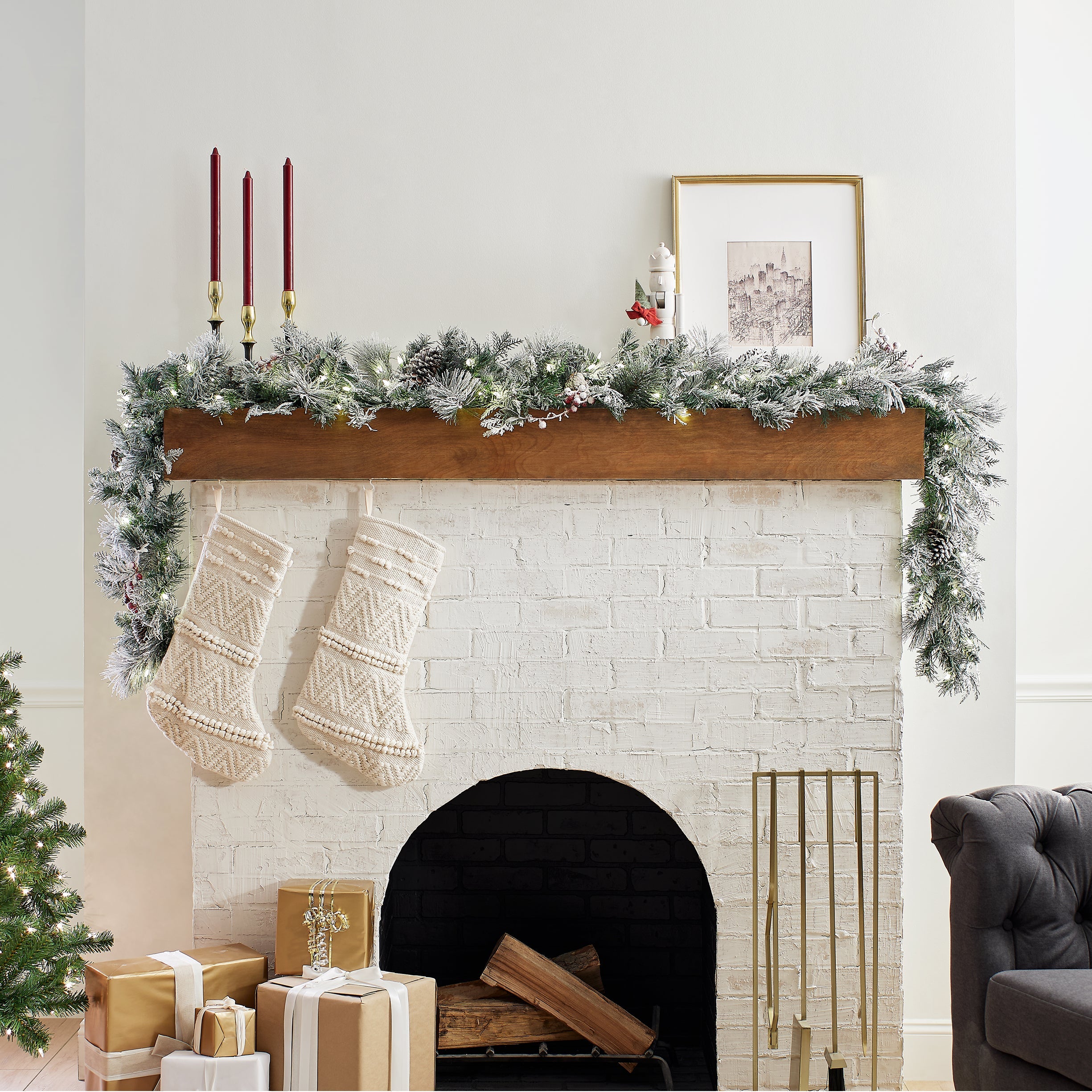 9 ft. Pre-Lit Snowy Bedford Pine Garland with LED Lights