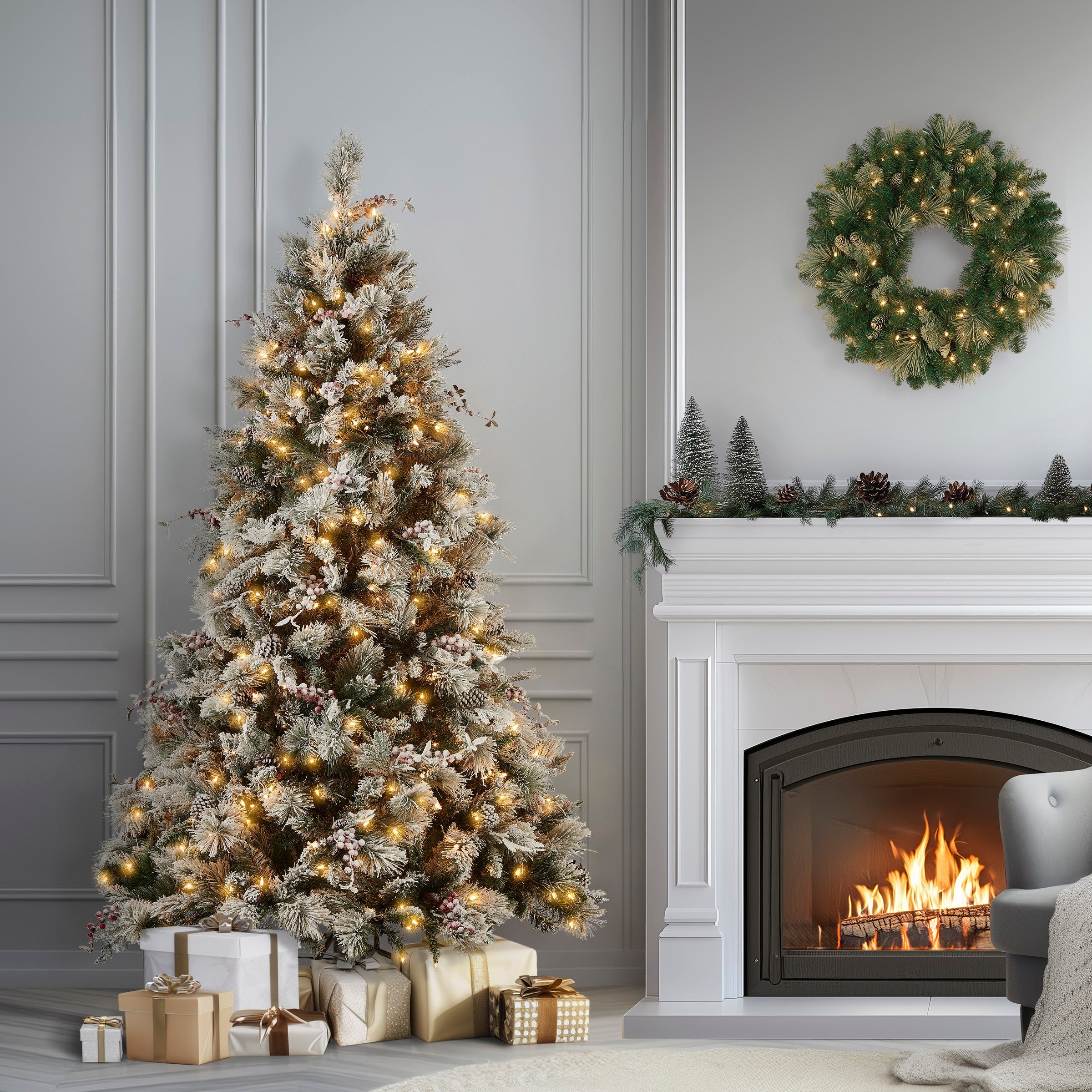 7.5 ft. Pre-Lit Snowy Bedford Pine Tree with Clear Lights