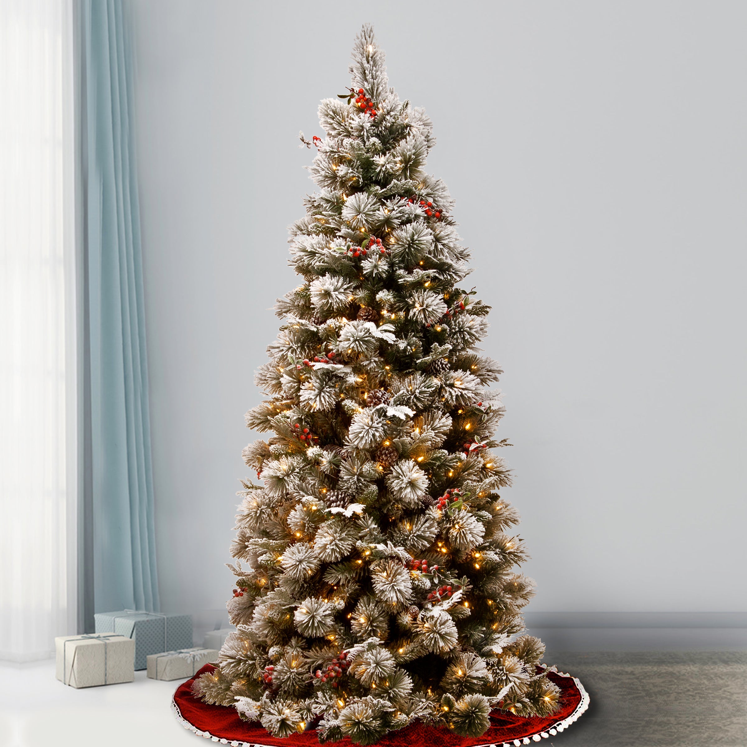 7.5 ft. Pre-Lit Snowy Bedford Pine Slim Tree with Clear Lights