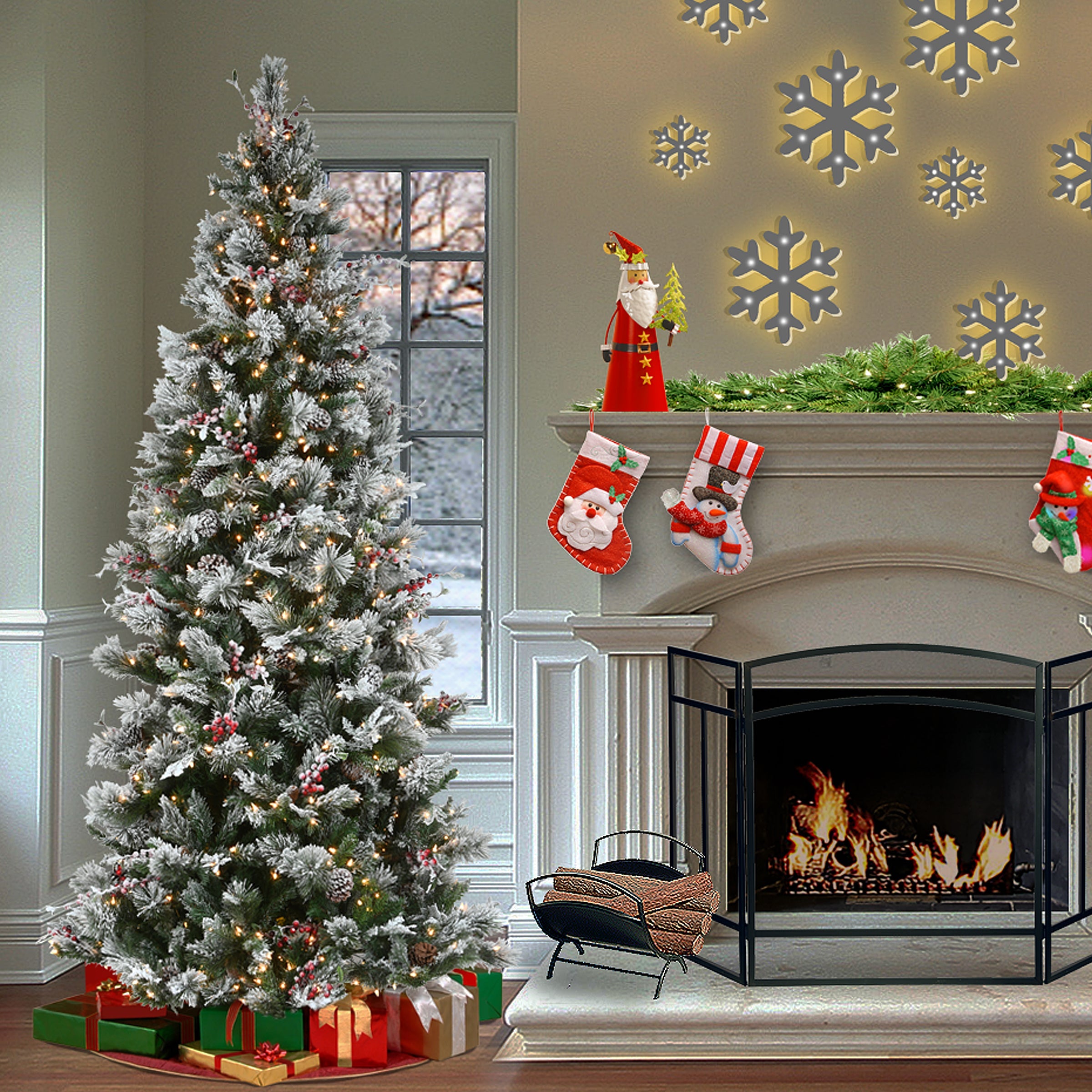 9ft. Pre-Lit Snowy Bedford Pine Hinged Tree with PowerConnect Clear Lights