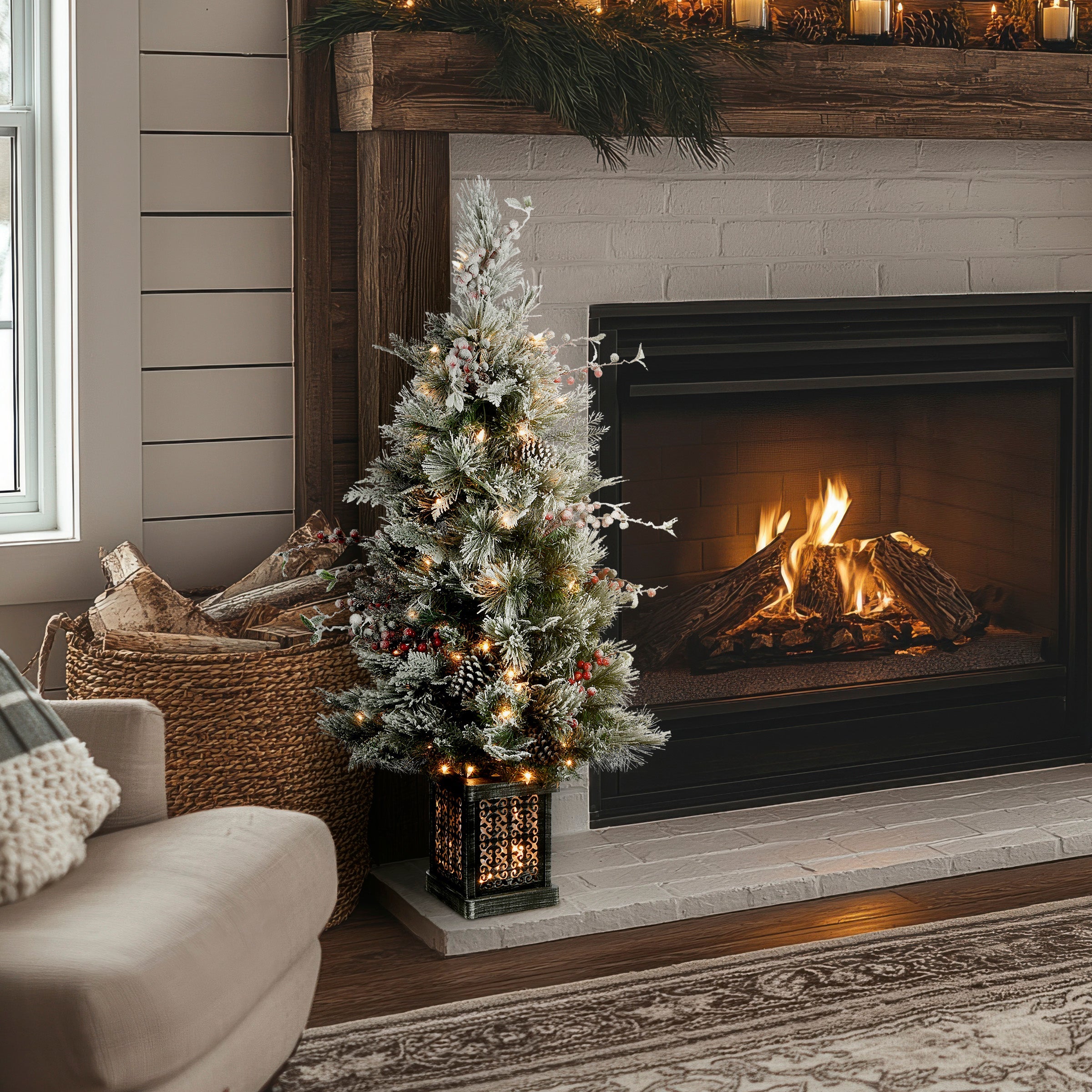 4 ft. Pre-Lit Snowy Bedford Pine Tree with Clear Lights