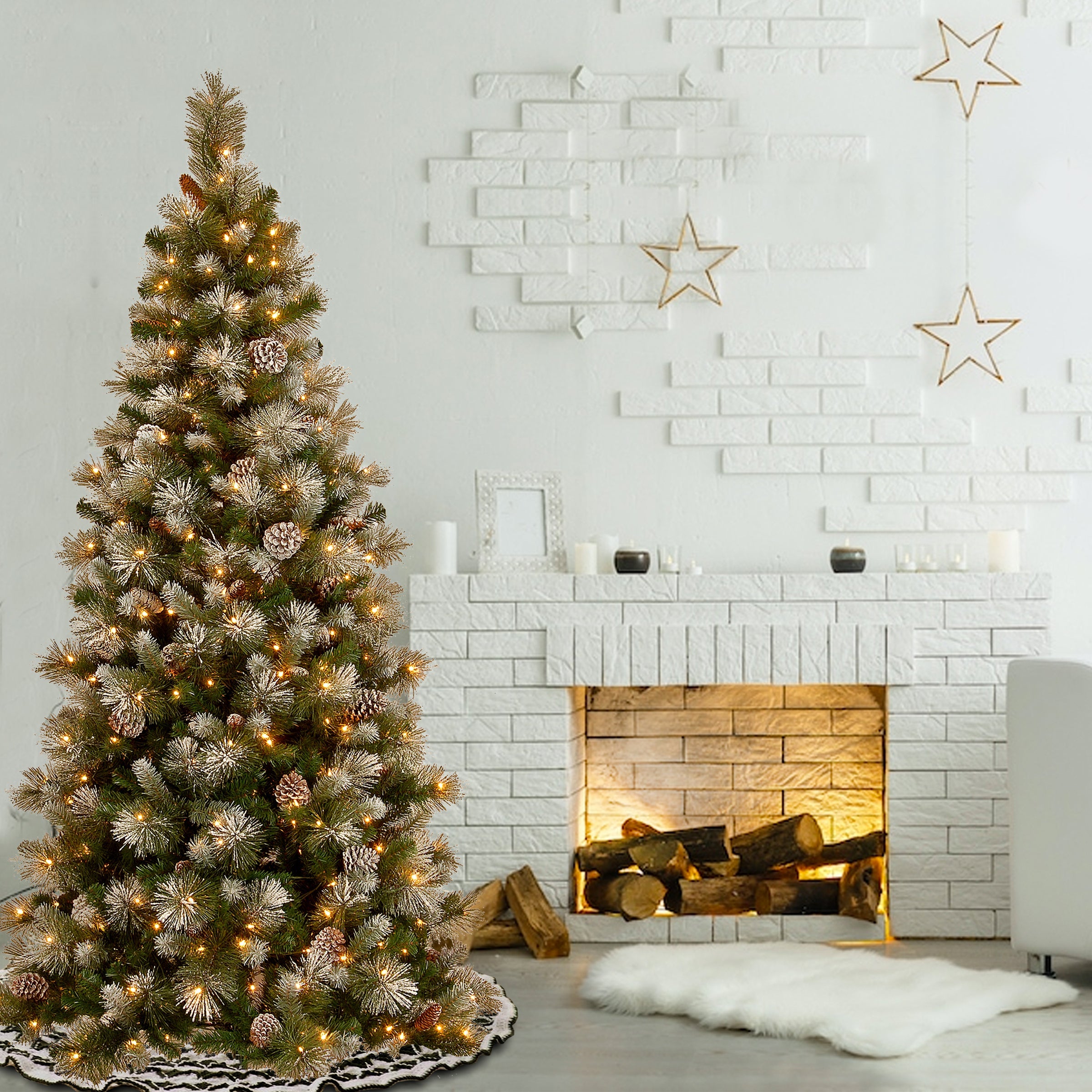 7.5 ft. Pre-Lit Snow Capped Mountain Pine  Slim Tree with Clear Lights
