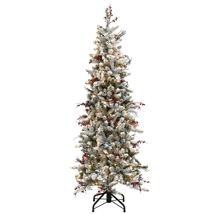 6.5 ft. Pre-Lit Snowy Freehold Spruce Pencil Slim Tree with Clear Lights