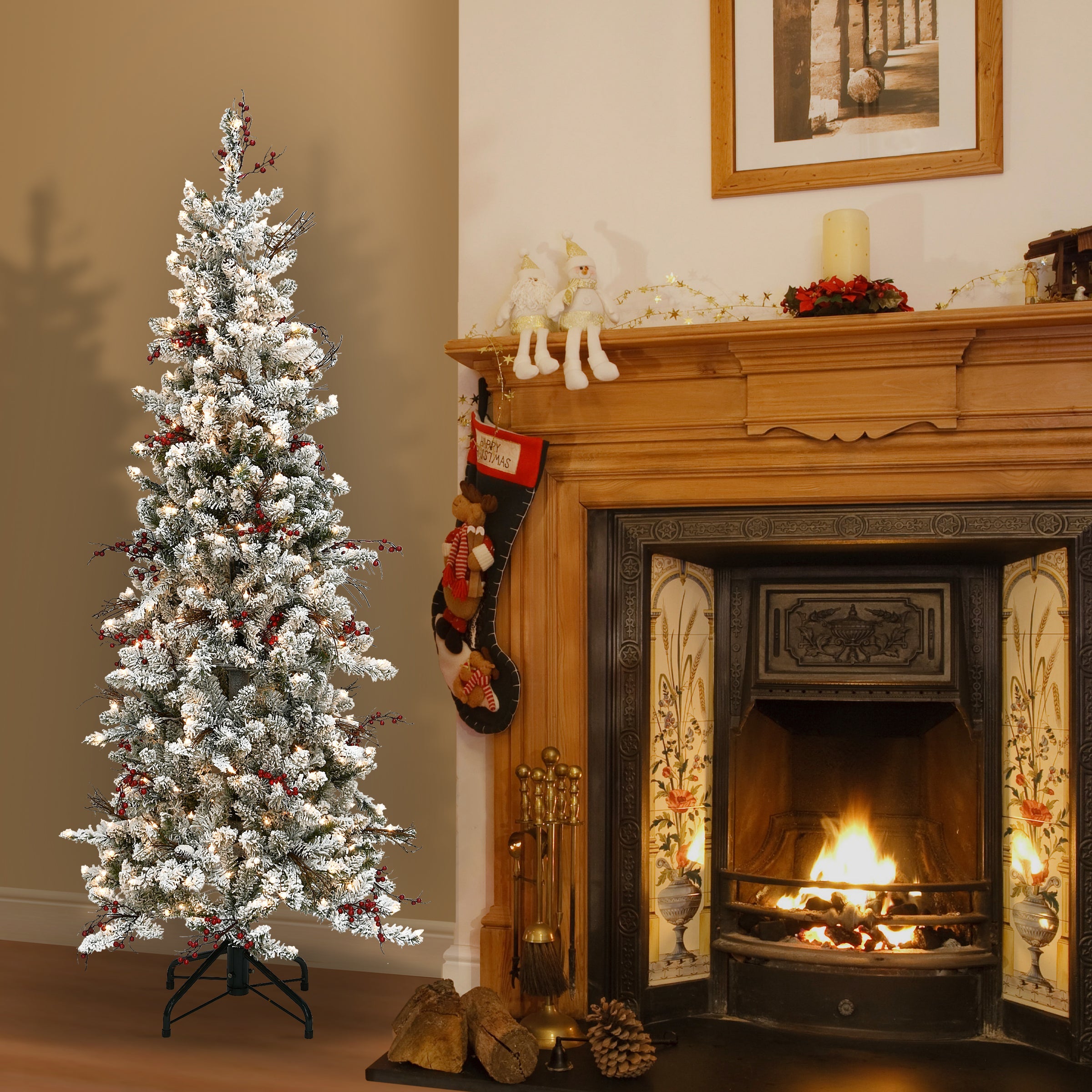 6.5 ft. Pre-Lit Snowy Freehold Spruce Pencil Slim Tree with Clear Lights