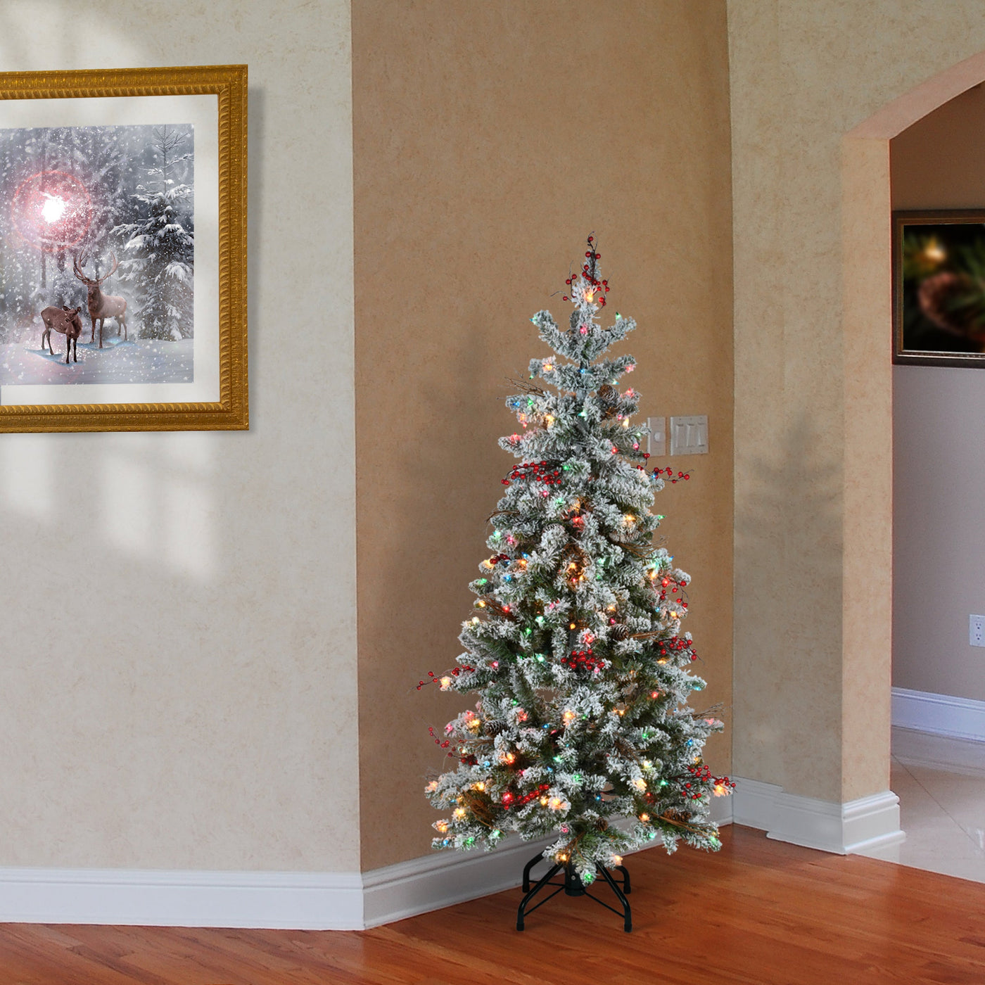 5 ft. Pre-Lit Snowy Freehold Spruce Pencil Slim Tree with Multicolor Lights