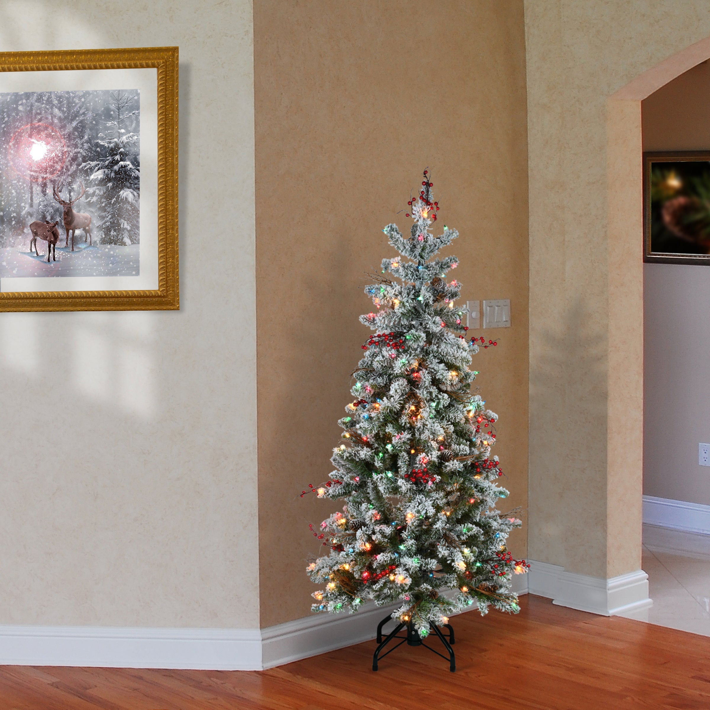 5 ft. Pre-Lit Snowy Freehold Spruce Pencil Slim Tree with Multicolor Lights