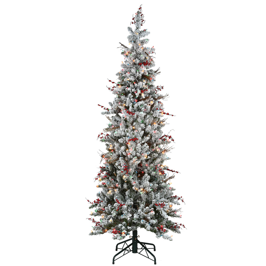 6.5 ft. Pre-Lit Snowy Freehold Spruce Pencil Slim Tree with Multicolor Lights