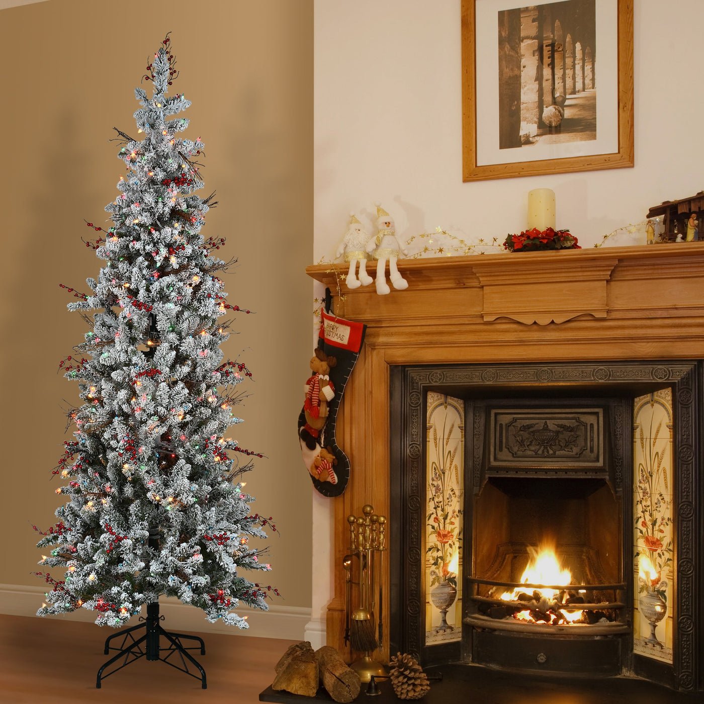 6.5 ft. Pre-Lit Snowy Freehold Spruce Pencil Slim Tree with Multicolor Lights