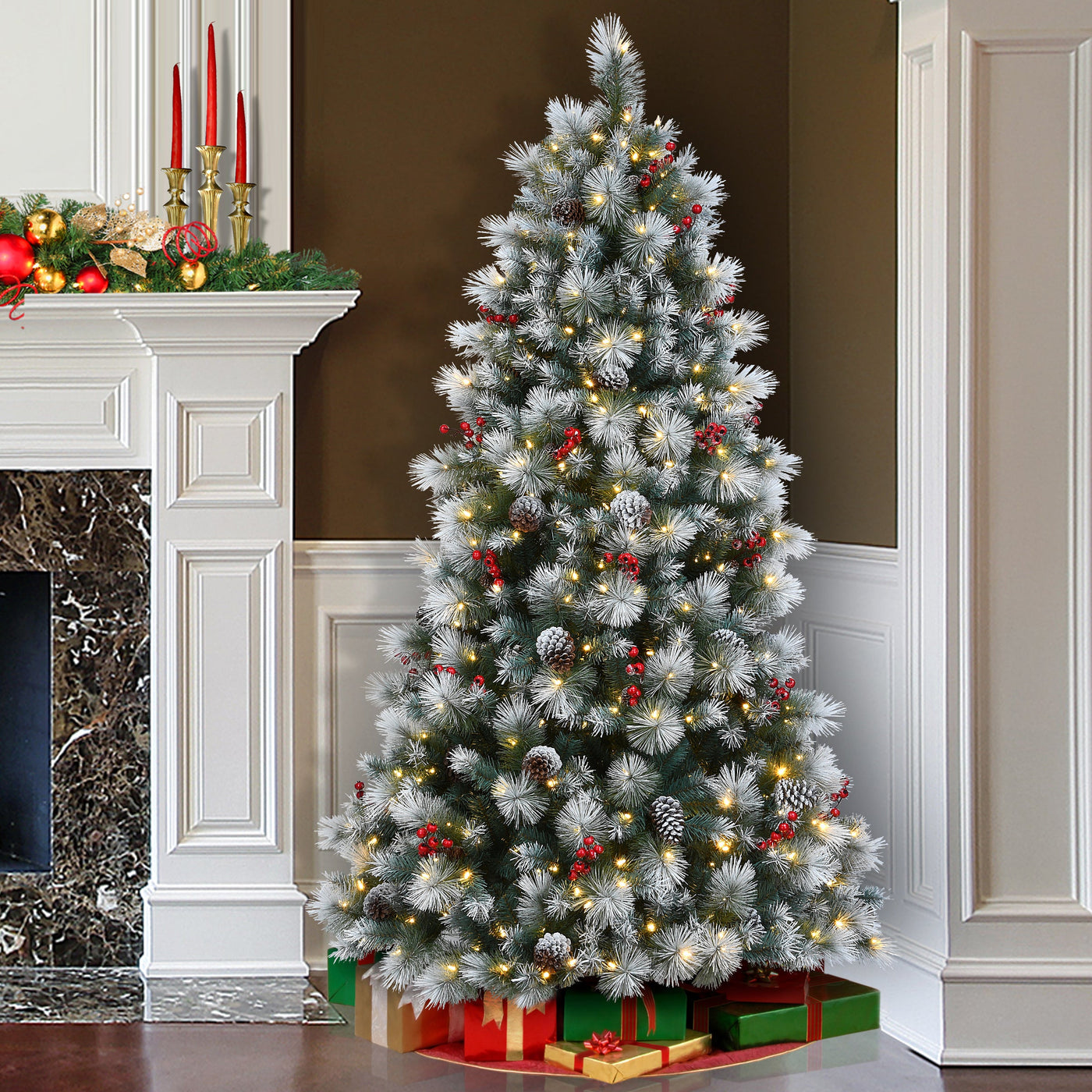 7.5 ft. Pre-Lit Snowy Glacier Pine Tree with Dual Color LED Lights