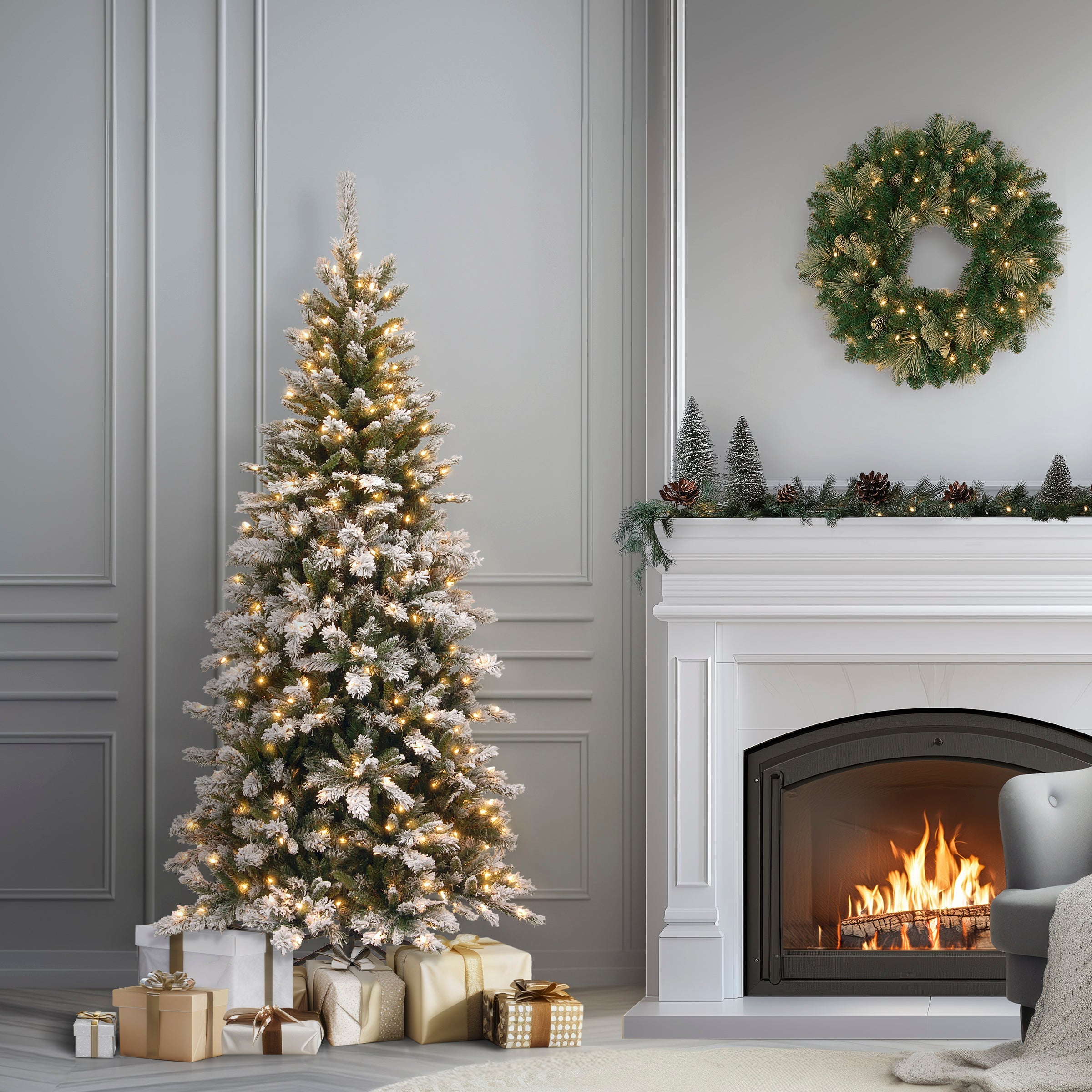 7.5 ft. Pre-Lit Snowy Mountain Pine Slim Tree with Clear Lights