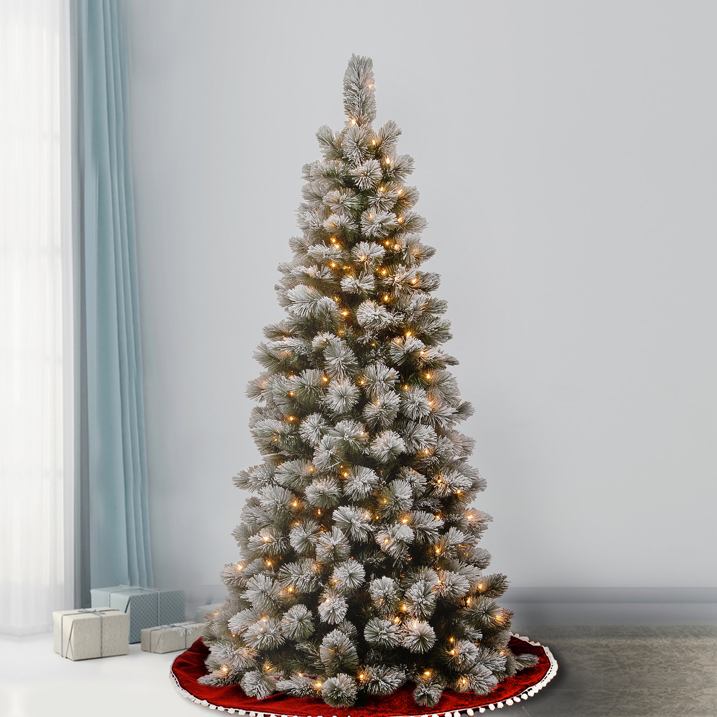 7.5 ft. Pre-Lit Snowy Bristle Pine  Slim Tree with Clear Lights
