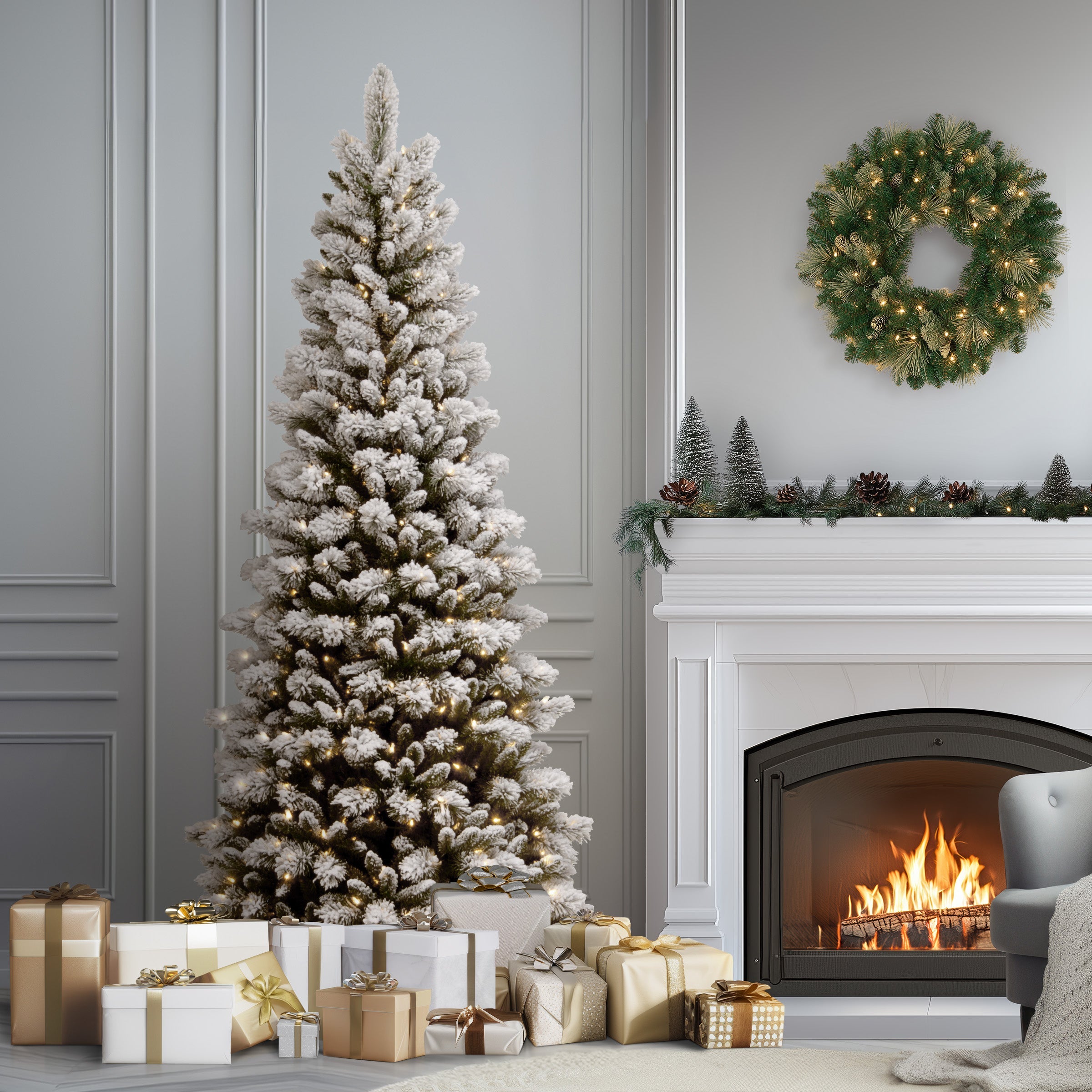 7.5 ft. Pre-Lit Snowy Westwood Pine Slim Tree with Clear Lights