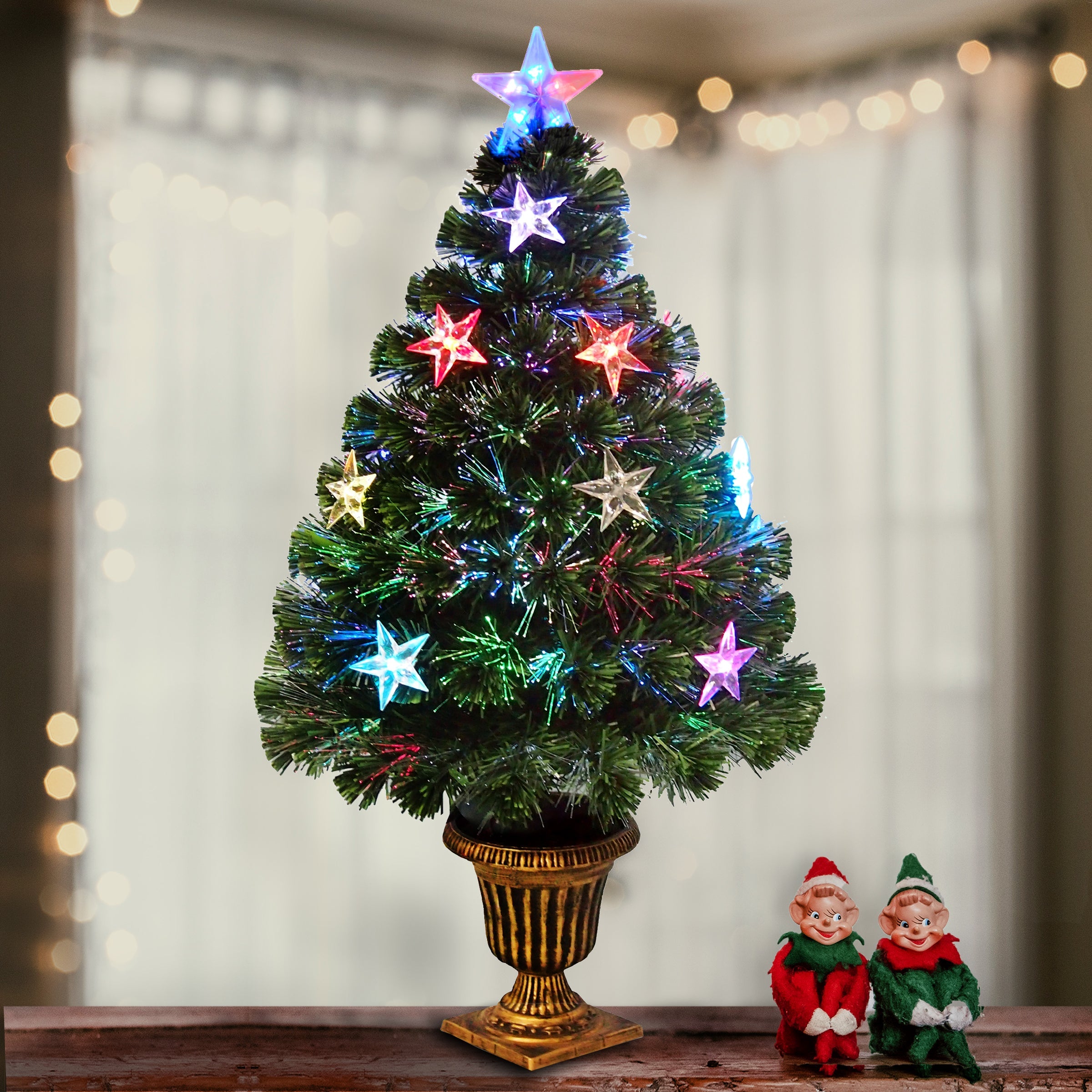 36 in. Pre-Lit Fiber Optic Evergreen Firework Tree with Star Decorations
