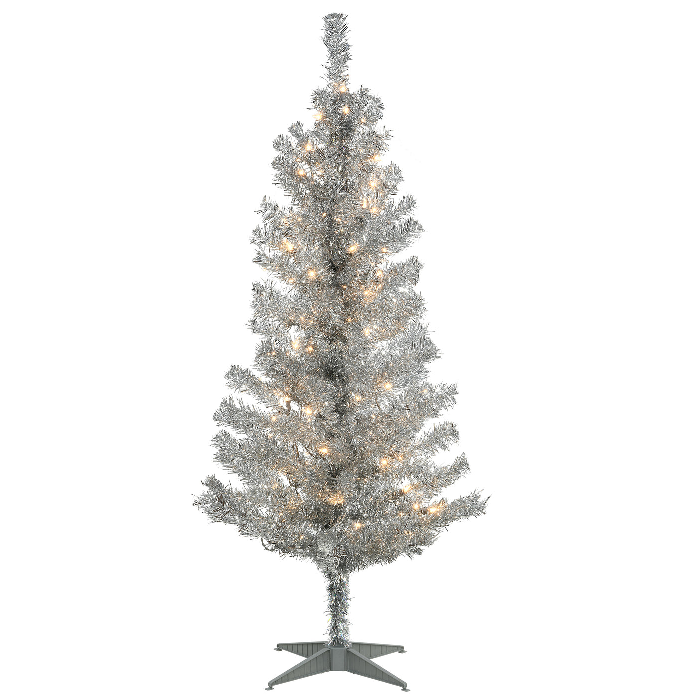 4 ft. Pre-Lit Tinsel Collection Silver Tree with Clear Lights