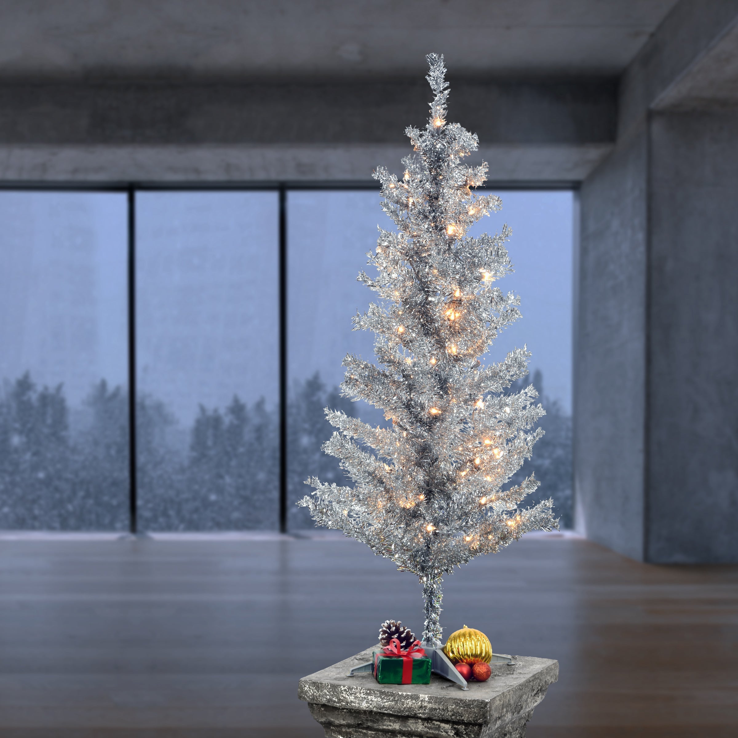 4 ft. Pre-Lit Tinsel Collection Silver Tree with Clear Lights