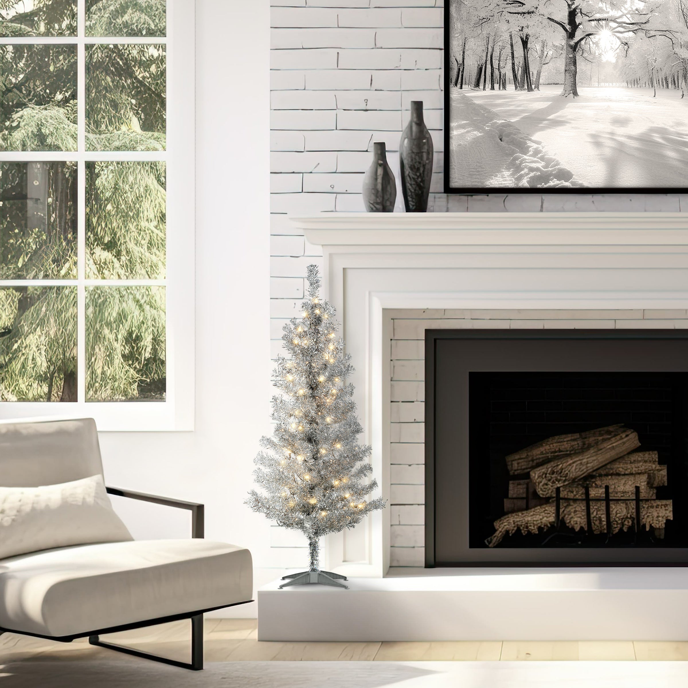4 ft. Pre-Lit Tinsel Collection Silver Tree with Clear Lights