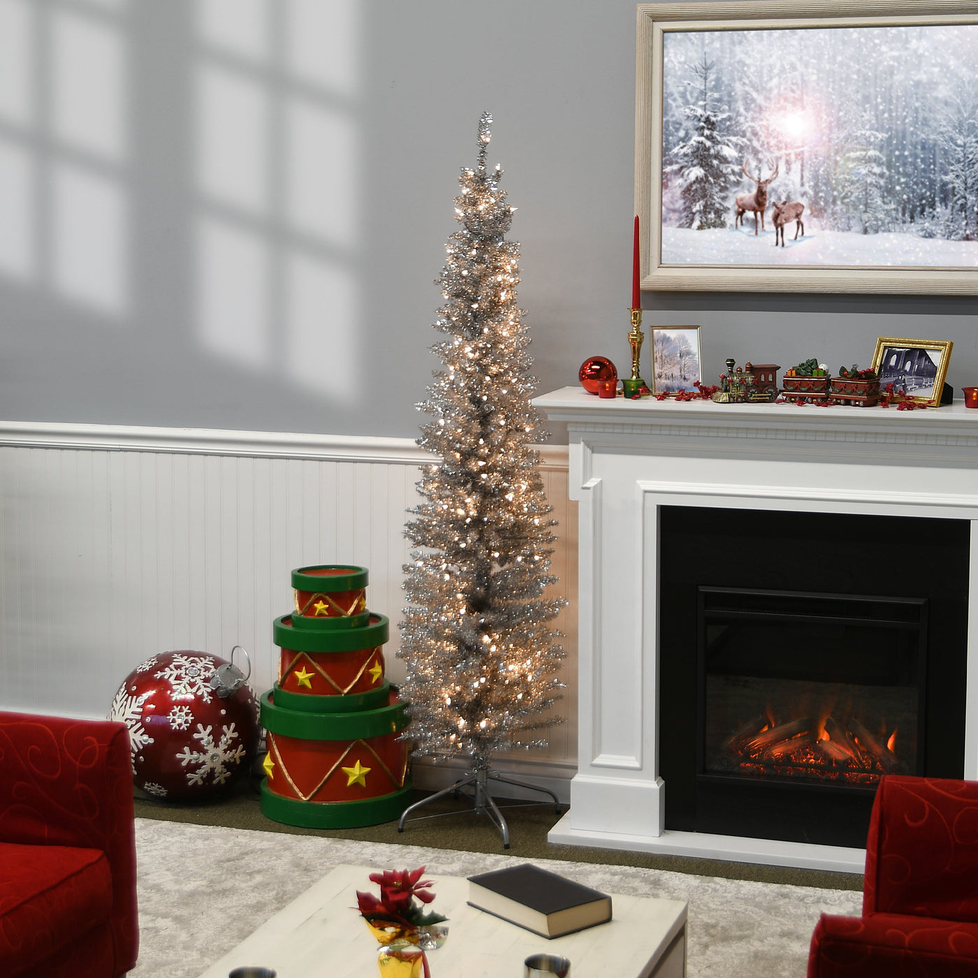 6 ft. Pre-Lit Tinsel Collection Silver Tree with Clear Lights