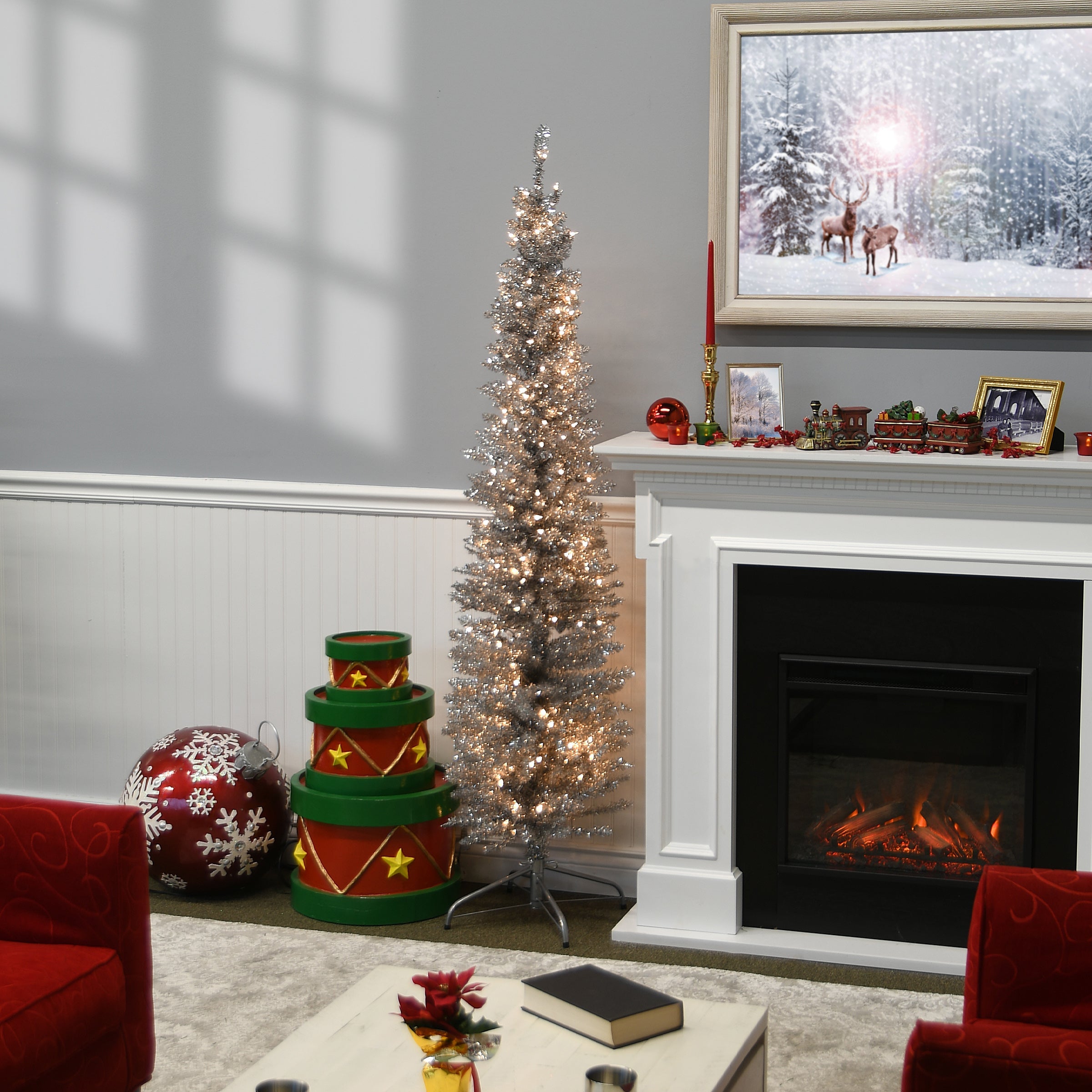 6 ft. Pre-Lit Tinsel Collection Silver Tree with Clear Lights