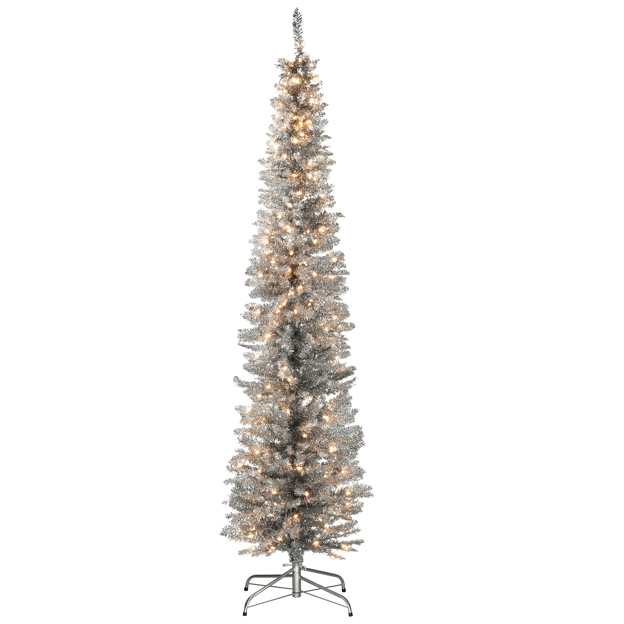 7 ft. Pre-Lit Tinsel Collection Silver Tree with Clear Lights