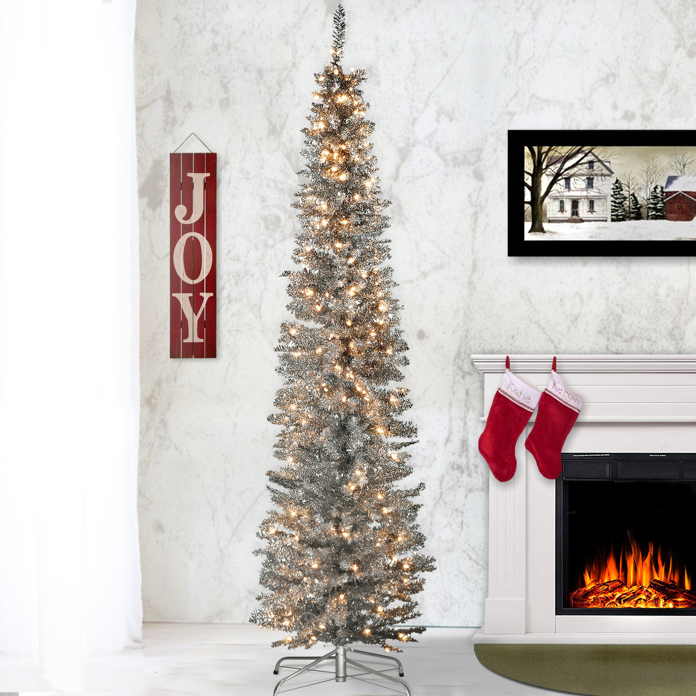 7 ft. Pre-Lit Tinsel Collection Silver Tree with Clear Lights