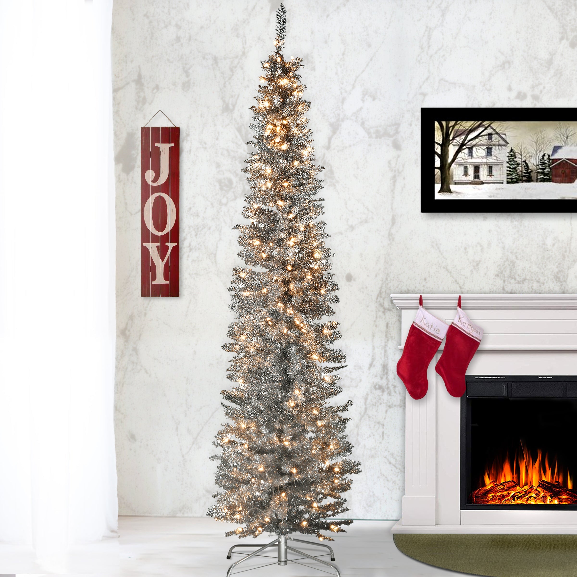 7 ft. Pre-Lit Tinsel Collection Silver Tree with Clear Lights