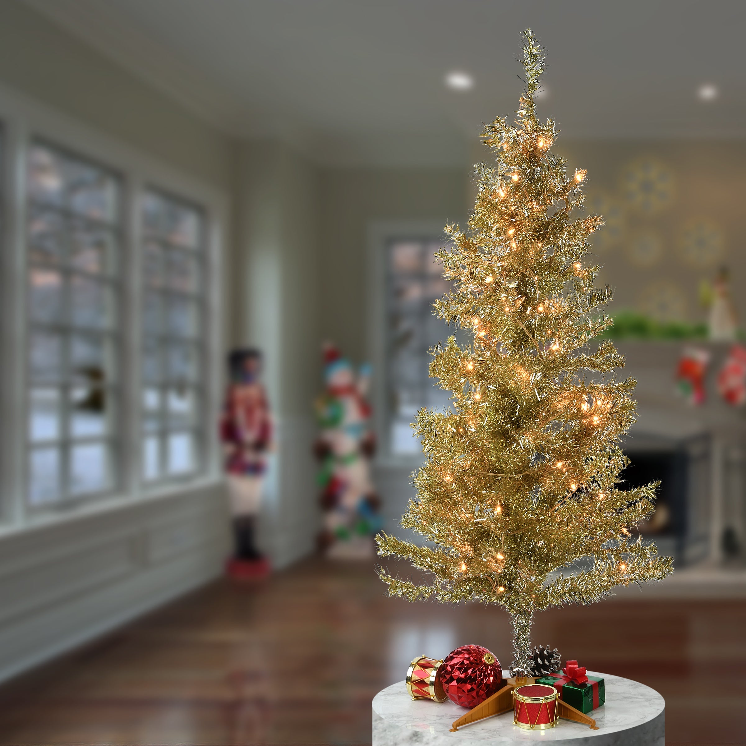 4 ft. Pre-Lit Tinsel Collection Champagne Tree with Clear Lights
