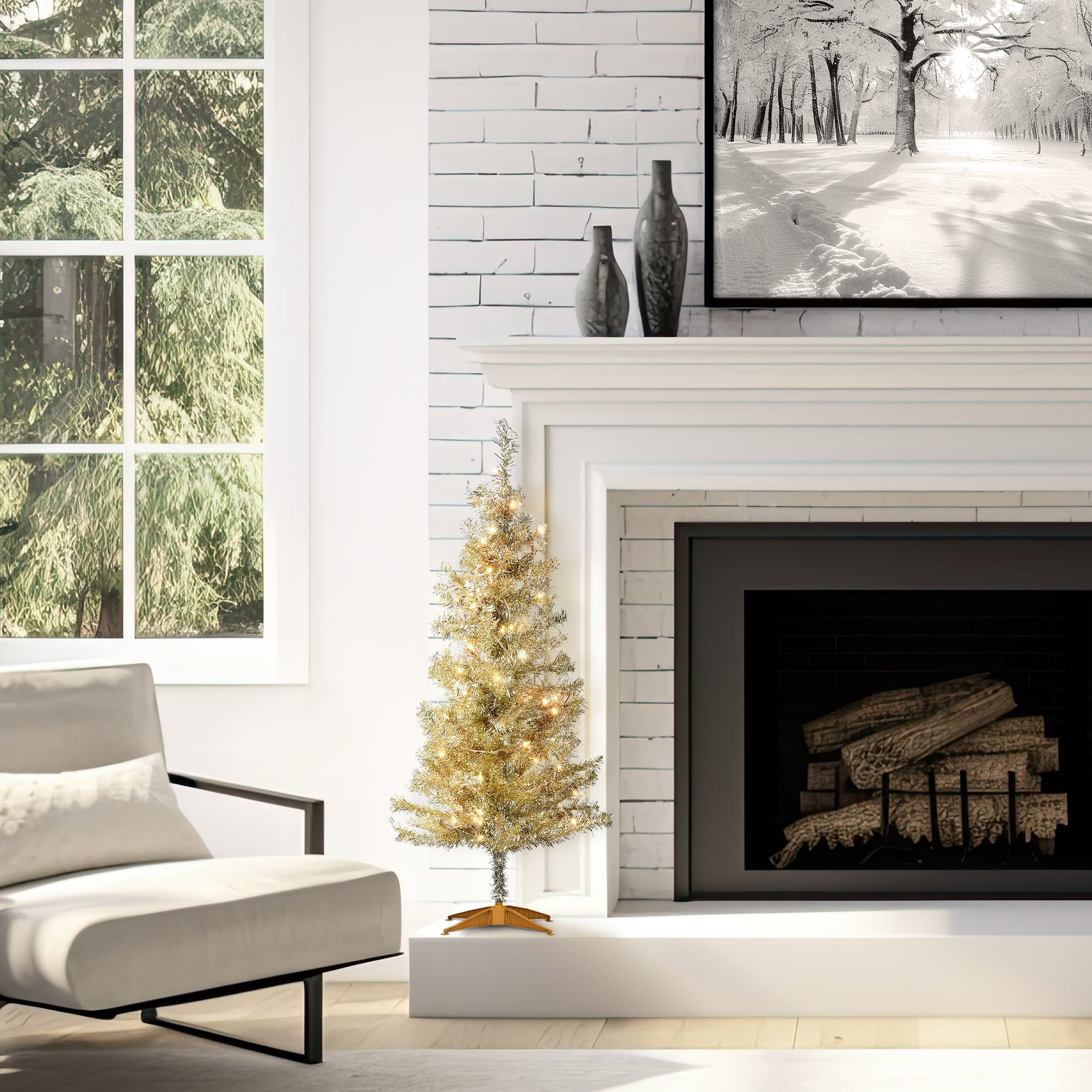4 ft. Pre-Lit Tinsel Collection Champagne Tree with Clear Lights