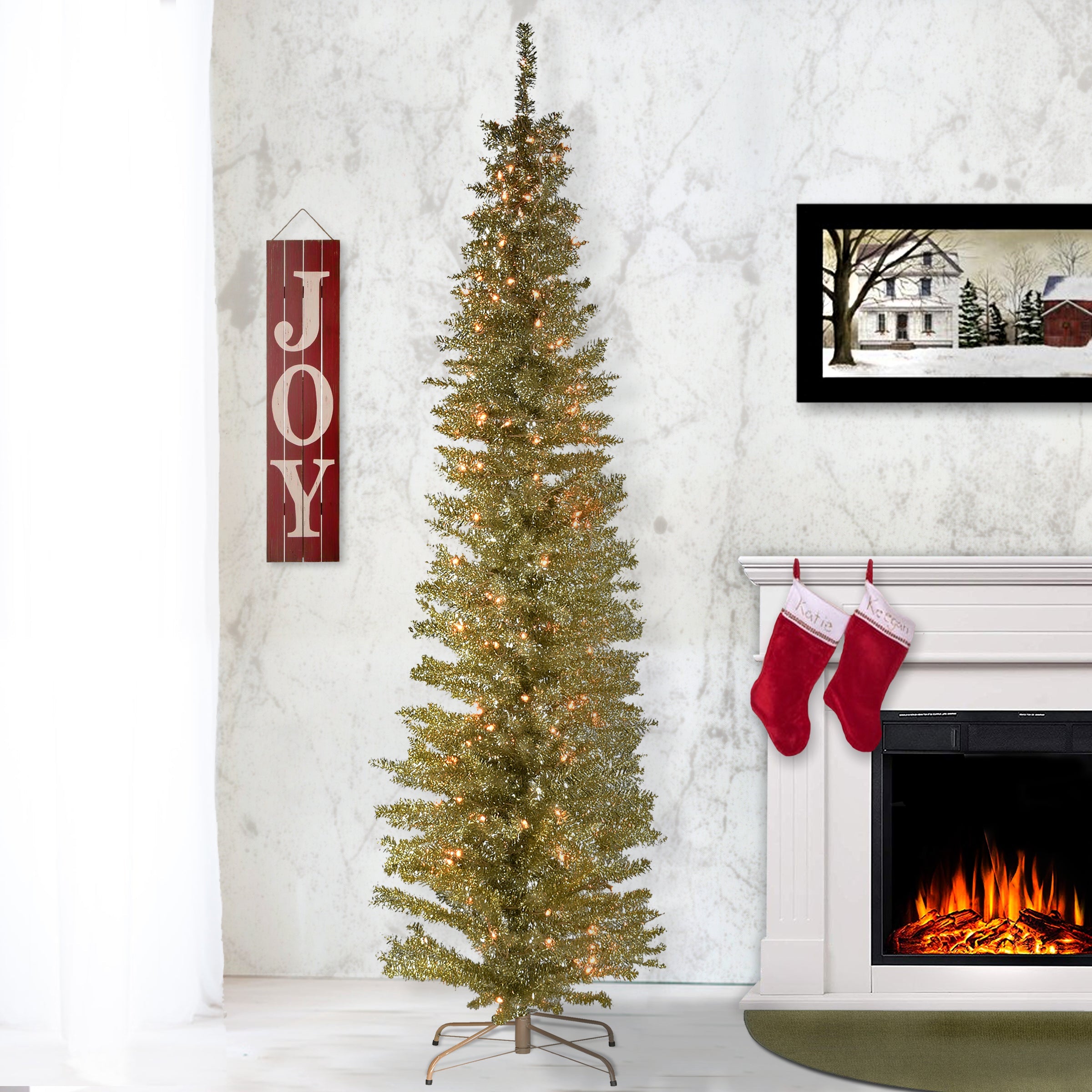 7 ft. Pre-Lit Tinsel Collection Champagne Tree with Clear Lights
