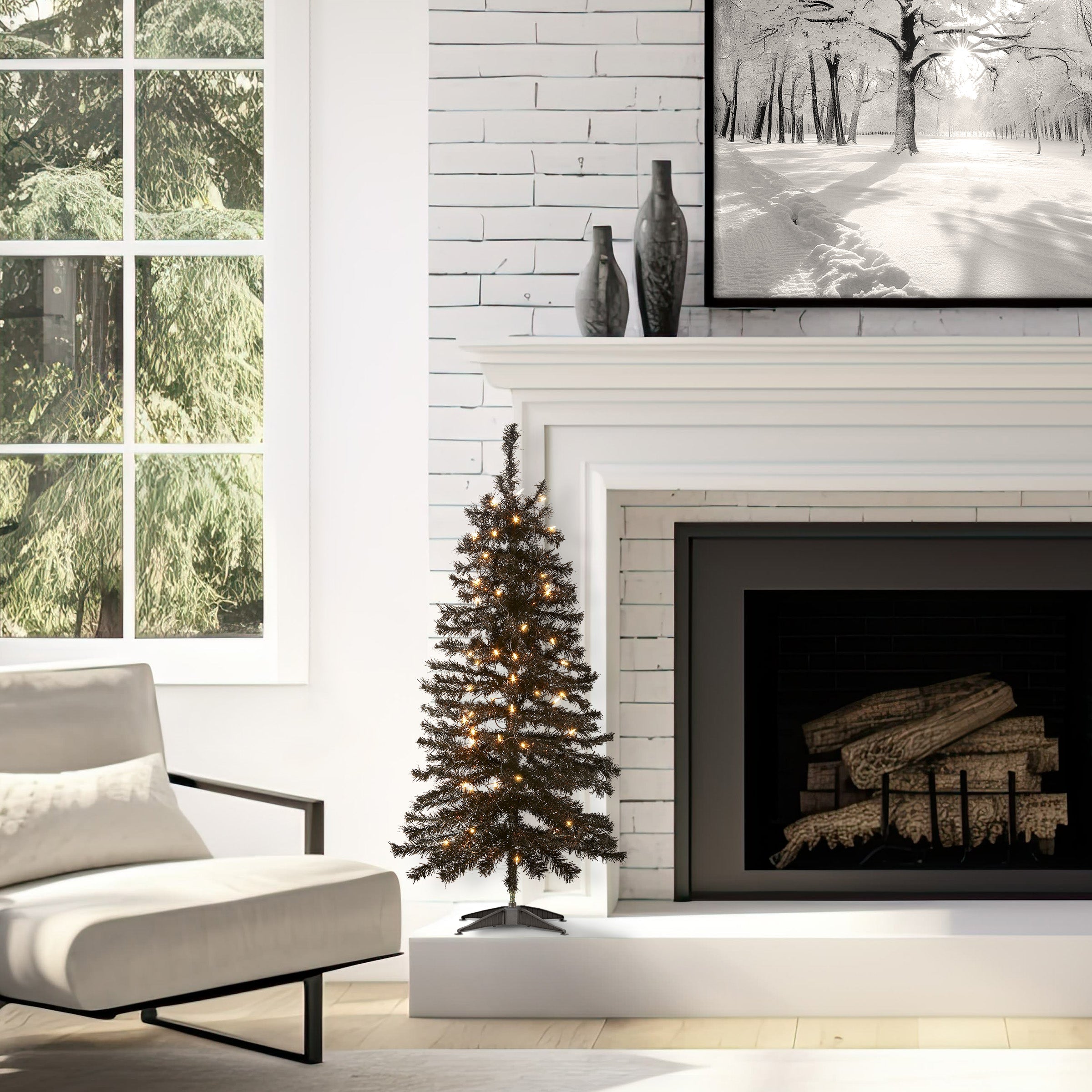 4 ft. Halloween Pre-Lit Black Tinsel Tree with White Lights