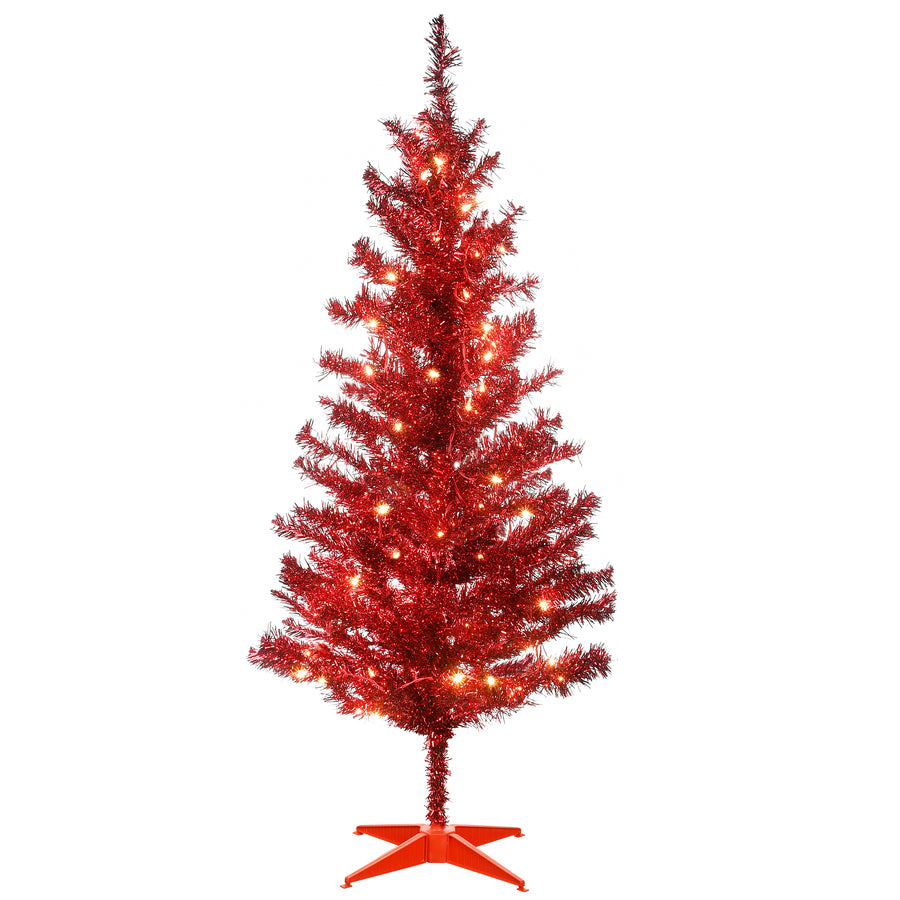 4 ft. Pre-Lit Tinsel Collection Red Tree with Clear Lights