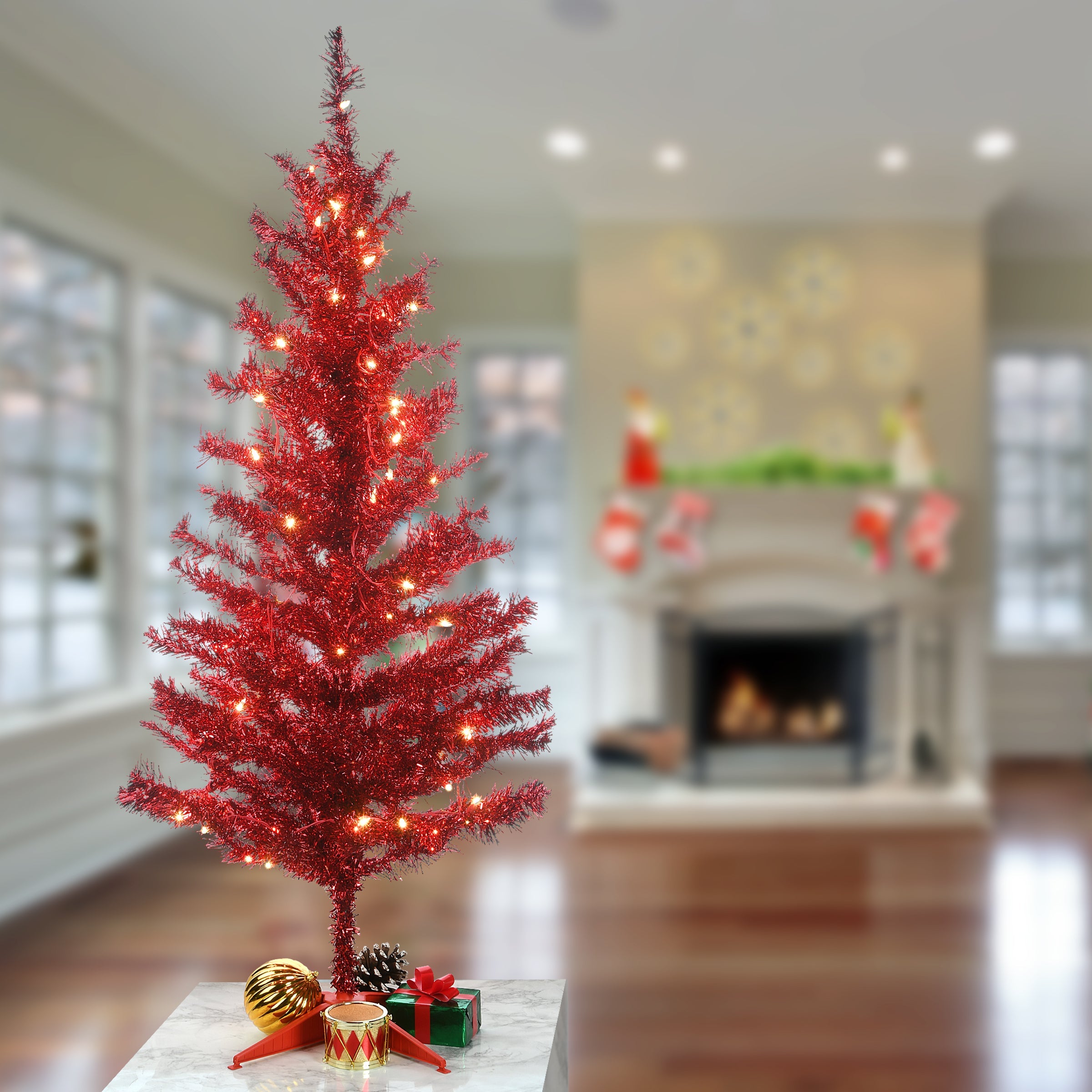 4 ft. Pre-Lit Tinsel Collection Red Tree with Clear Lights